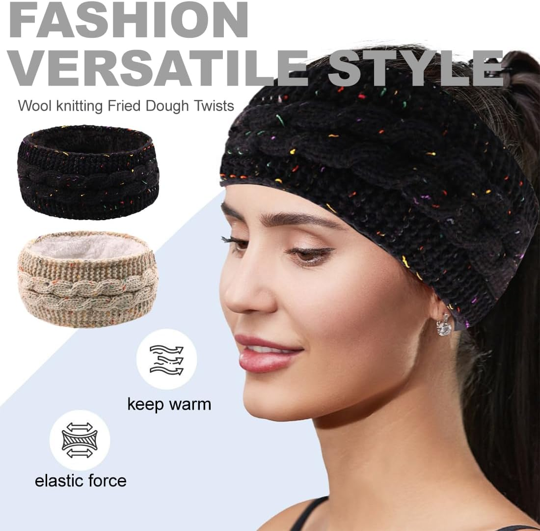 Women'S Winter Headband, Knitted Hair Bands, Winter Crochet Head Wrap, Women'S Winter Headband, Elastic Hair Band, Black, Beige, Pack of 2 image number 1