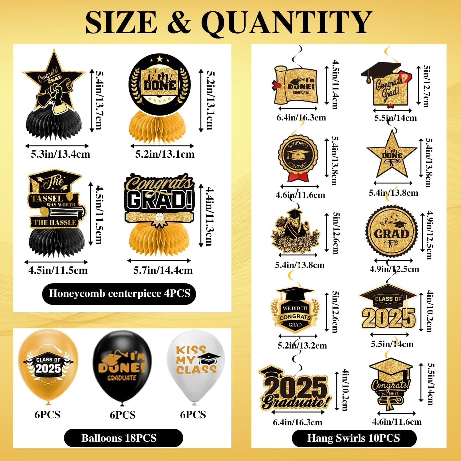 Graduation Decorations Class of 2025 Gold Themed Set, Backdrop Banner, Hanging Swirl, Balloons and Honeycomb Supplies for Graduation Party image number 6
