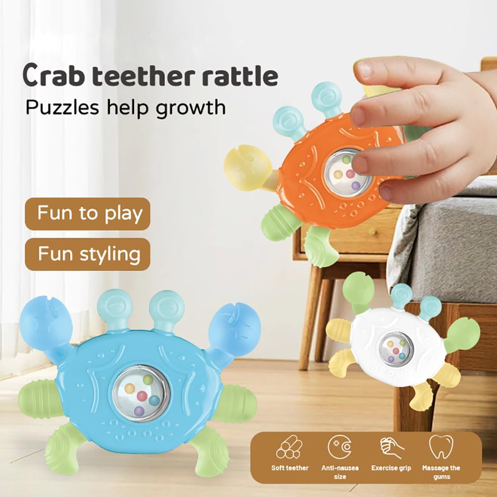 Itreatu Crab Baby Teether Toy, Soft Baby Teething Toys with Rattle, Easy-Grip Dummy Teether for 3-12 Months, Soothing Infant Toy for Teething Pain Relief (Blue) - White image number 6