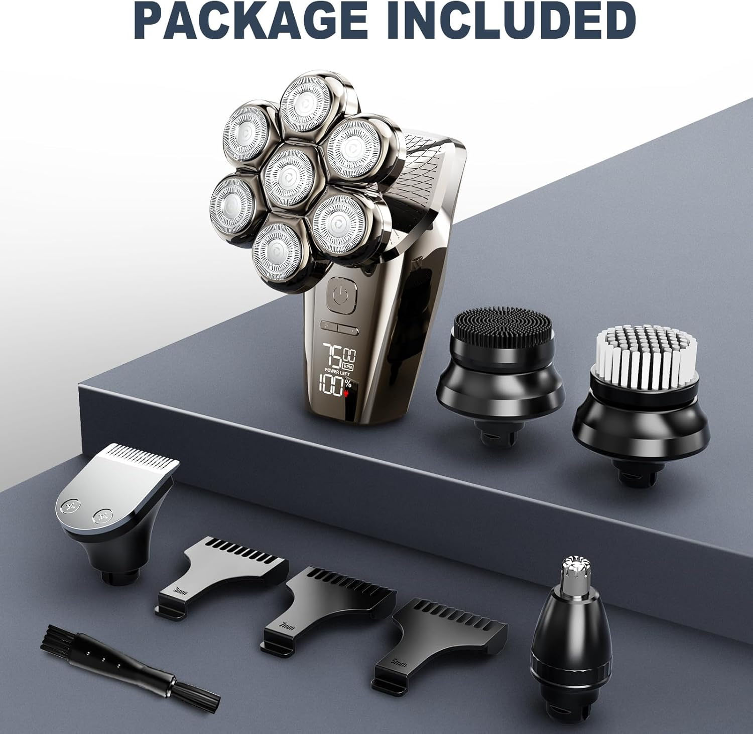 7D Portable Head Shavers for Bald Men, 9-In-1 Detachable Upgraded IPX7 Waterproof Dry/Wet Magnetic Floating Electric Razor with LED Display for Nose Hair, Beard, and Other Body Hair image number 3