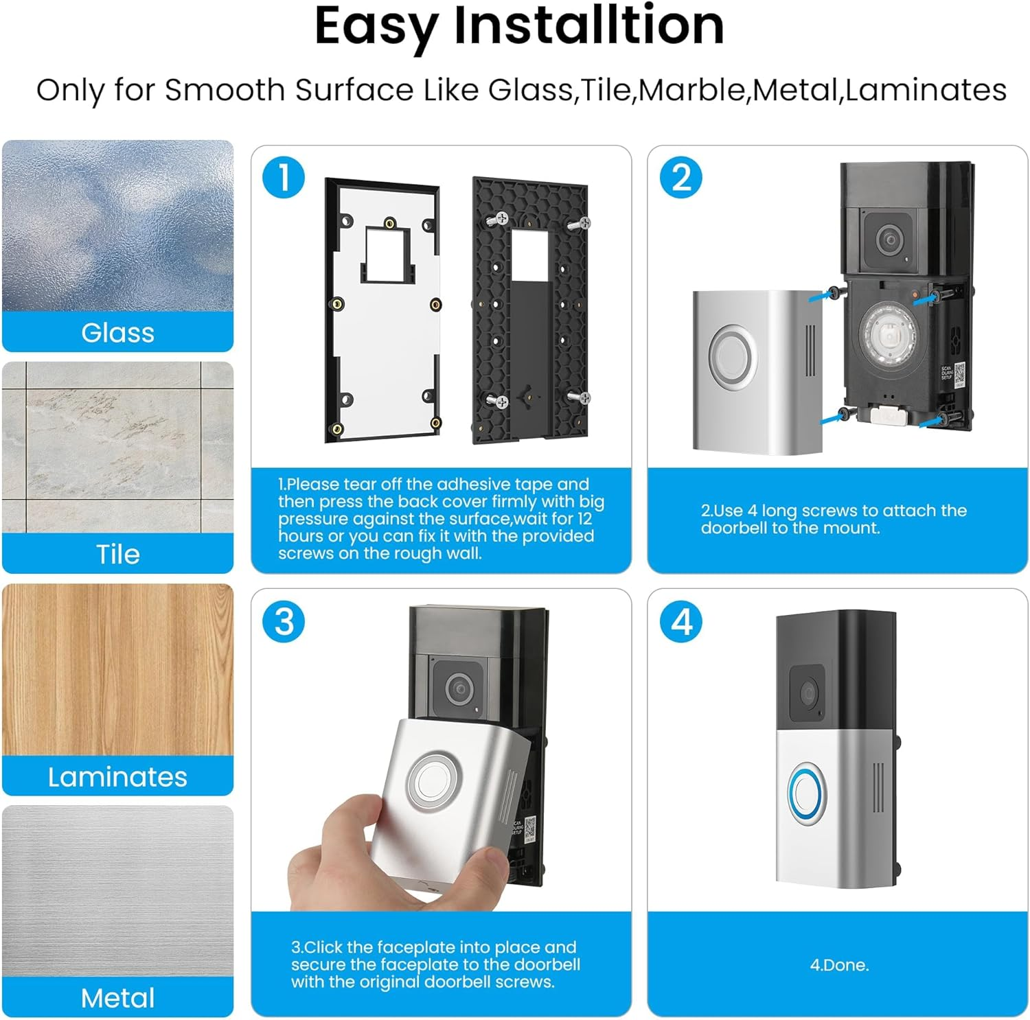 No-Drill Adhesive Doorbell Mount for Ring Video Doorbell 4 /Battery Doorbell Plus/Pro, Camera Doorbell Door Mounting Holder Bracket Accessories for Apartments Office Houses (1 Pack) image number 6