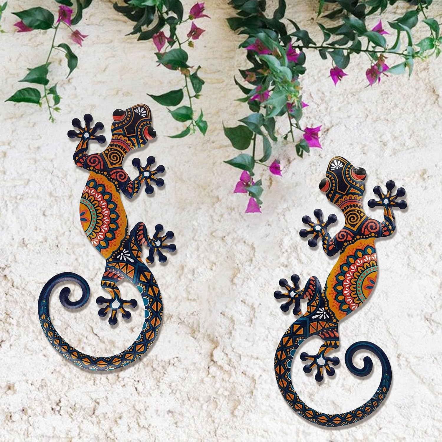 Metal Lizard Gecko Wall Art - 2 Pack 15 Inch Metal Wall Decor, Lizard Outdoor Hanging Glass Sculpture Decoration for Yard Garden Art, Patio Fence Home, Unique Gift Ideas