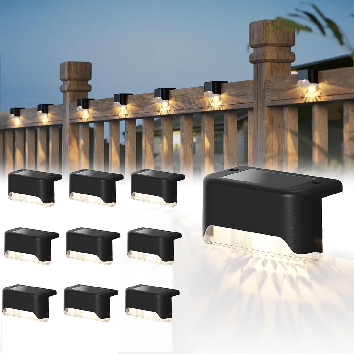 10 Pcs Solar Deck Lights, LED Waterproof LED Solar Step Lights Lamp Outdoor Lighting for Stair, Deck, Patio, Yard, Pathway, Fences, Driveway and Porch Railing (Color Light)