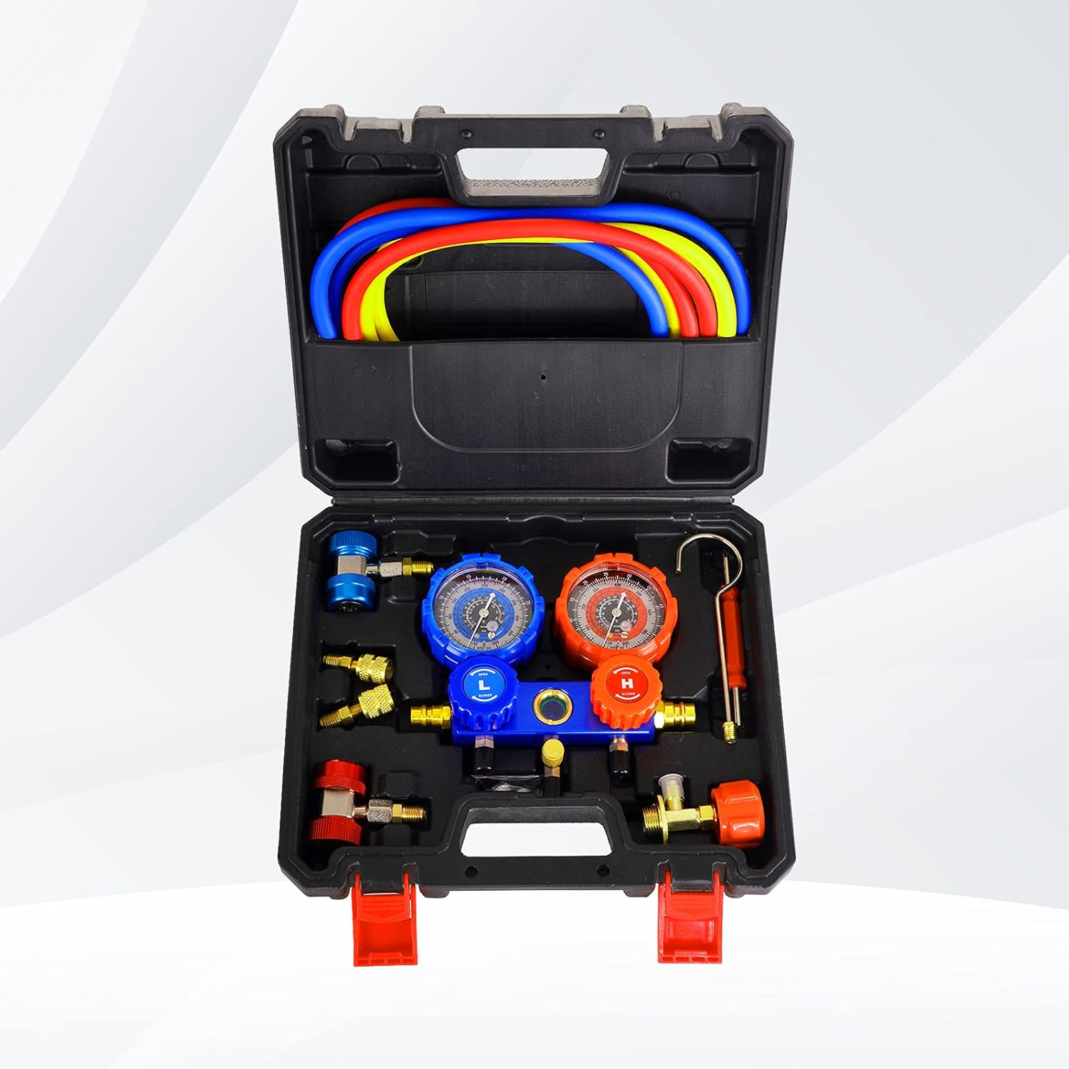 3-Way A/C Diagnostic Manifold Gauge Set Refrigeration Machine for Vacuum Evacuation, Fits R410, R134A, R22, R404A Refrigerants, with Hoses, Couplers, Can Tap, Instruction image number 1