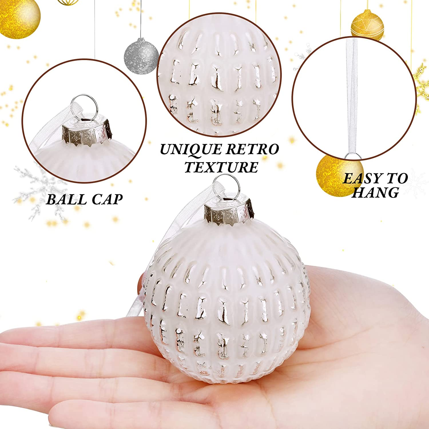 Kathfly 6 Pcs Farmhouse Ball Ornaments Distressed Metal Glass Ball Vintage Style Christmas Balls Retro Glass Ornaments for Christmas Tree (White) - White image number 2