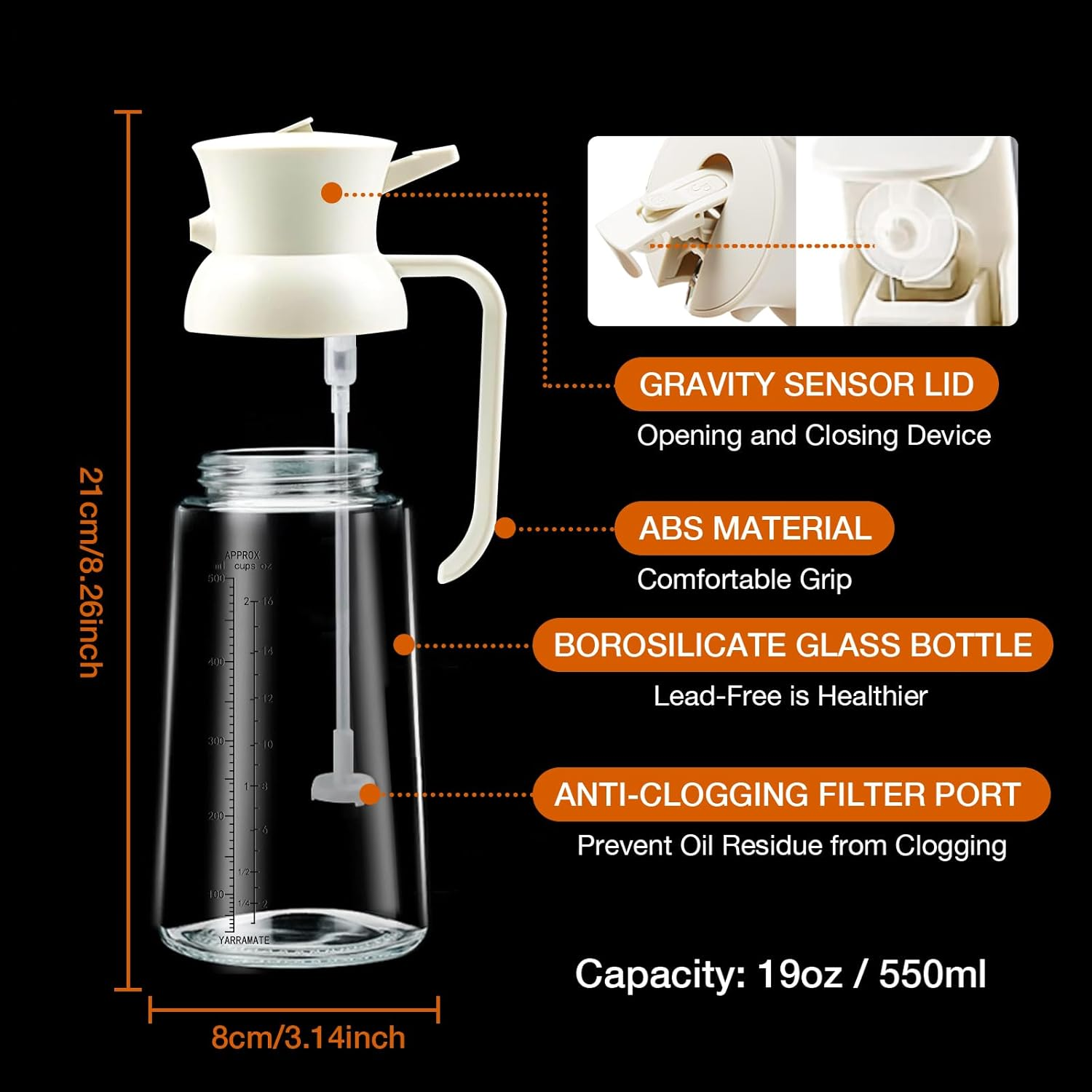 YARRAMATE Large Capacity Oil Bottle 18Oz/550Ml Olive Oil Sprayer Mister with Measuring Scale, 2-In-1 Glass Bottle Dispenser for Cooking, Pour and Spray, Kitchen Use for Air Fryer, BBQ (Black & White) image number 5