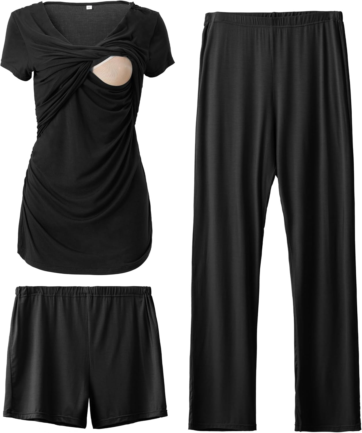 SUNNYBUY Women'S Maternity Postpartum Pajamas Set, Breastfeeding Tops，Adjustable Pregnancy Shorts & Pants 3 Piece Nursing PJS