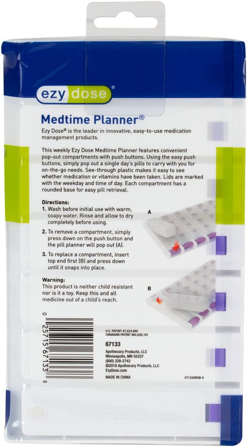 Ezy Dose Weekly (7 Day) 4 Times a Day Push Button Pill Organizer and Vitamin Planner │ Removable Daily Pillboxes | Patented Design | Assorted Colors image number 3