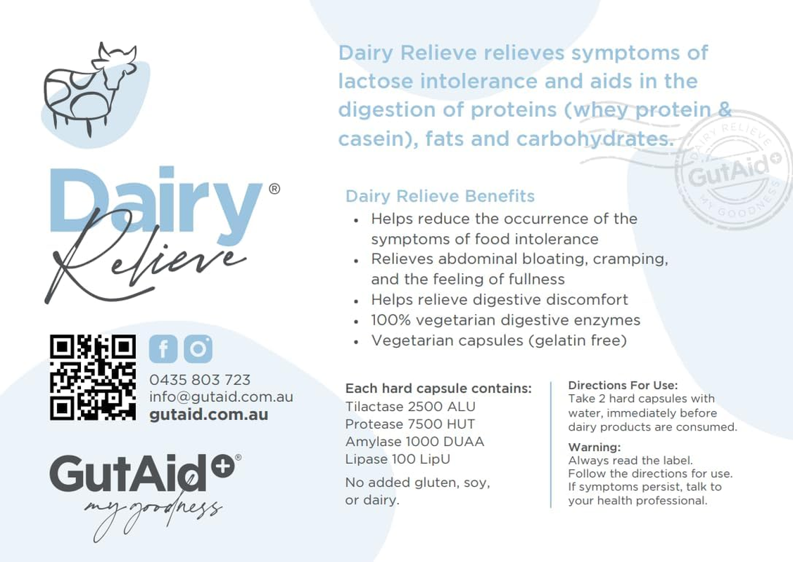 Gutaid+ Dairy Relieve 40 Capsules | Relieves Symptoms and Reduces Occurence of Lactose Intolerance. Aids in the Digestion of Lactose, Fats, Acids and Sugars. Maintains and Supports Healthy Digestion and Nutrient Absorption. Relieves Digestive Discomfort image number 1