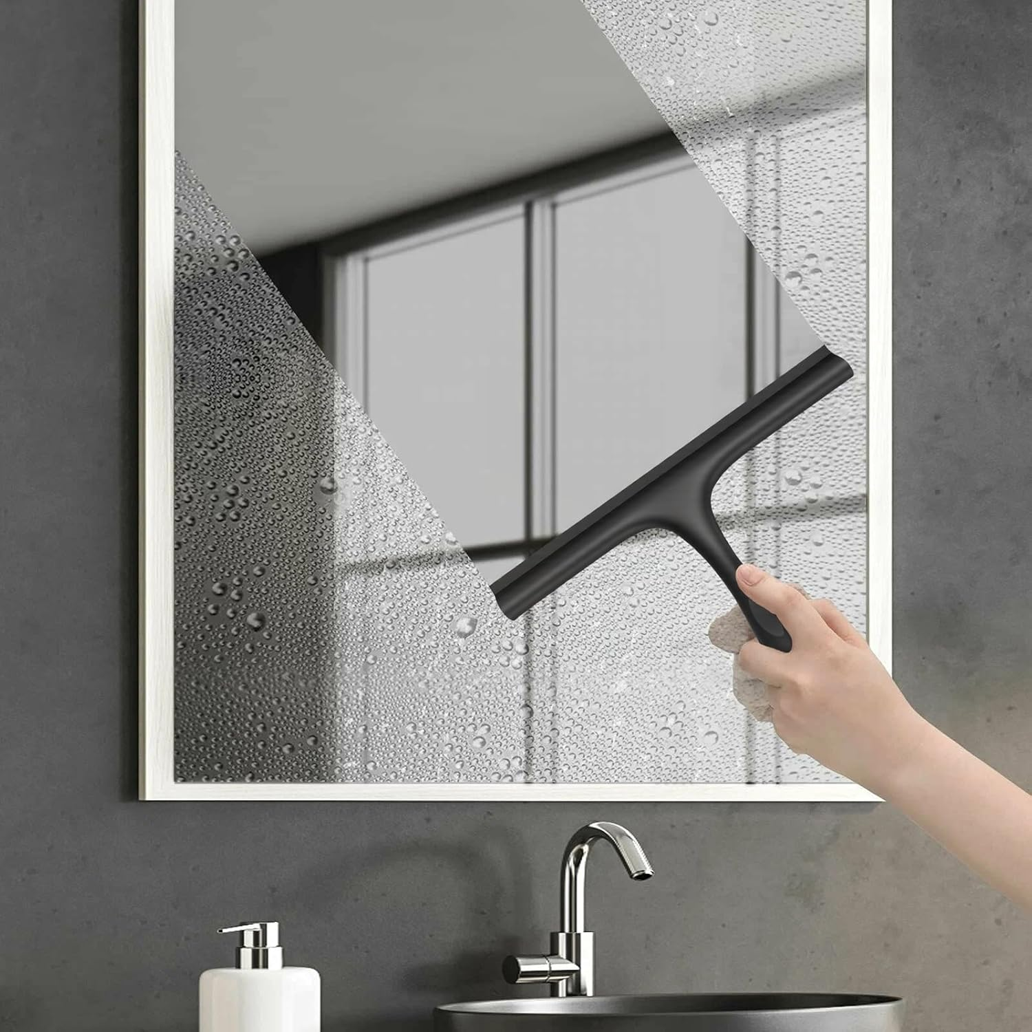 Silicone Shower Squeegee, Black, Shower Squeegee, Window Squeegee Shower with Holder, Bathroom Accessories, Mounting No Drilling, for Shower, Bathroom, Mirror, Glass Cleaning, Tile image number 6