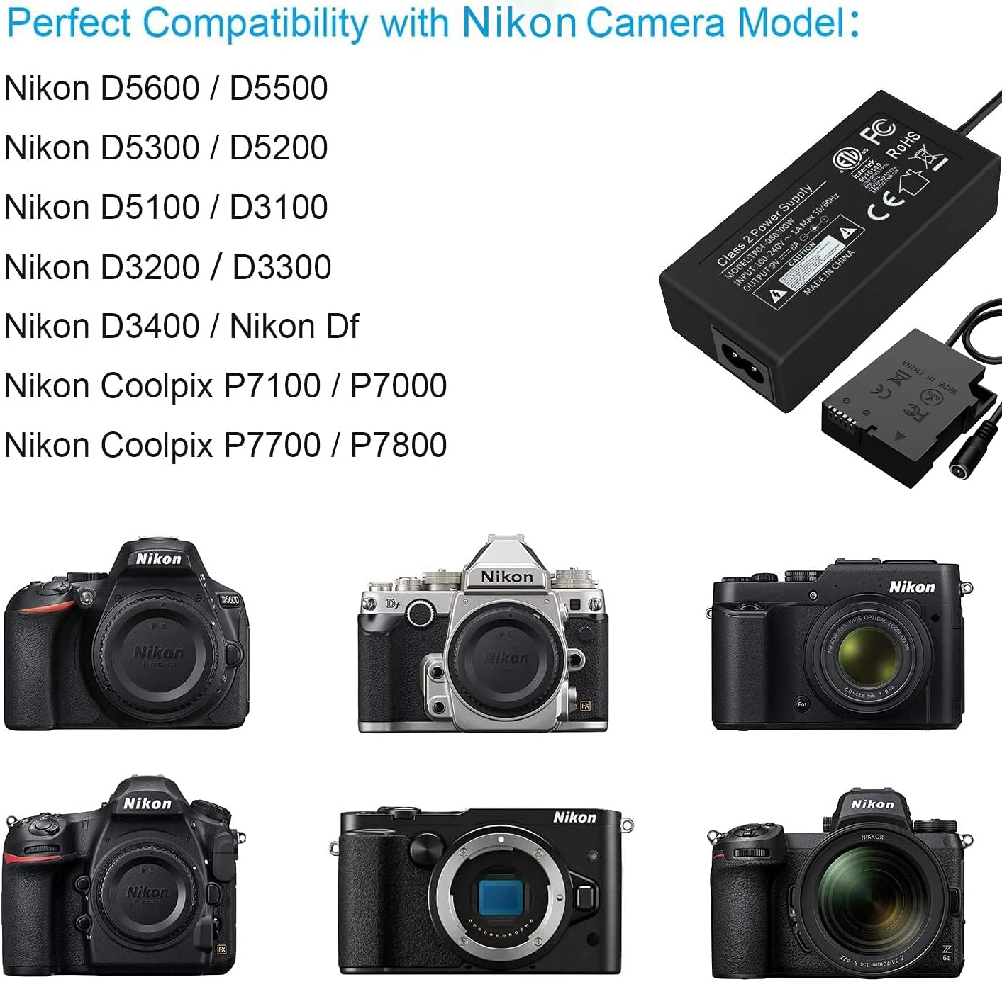 F1TP EH-5 EP-5A AC Power Supply Connector (Replace Nikon En-El14/En-El14A Dummy Battery for Nikon D3100 D3200 D3300 D3400 D3500 D5100 D5200 D5300 D5500 D5600 Df P7000 P7100 P7700 D7800 Cameras. image number 1