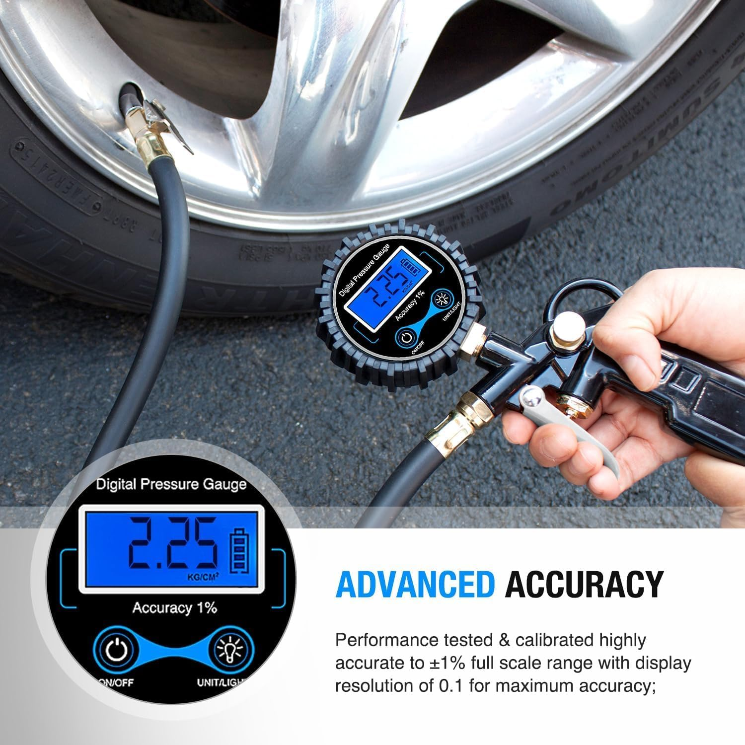 KEWAYO Digital Tyre Inflator with Pressure Gauge, 0.1 Display Resolution 200 PSI Air Chuck and Compressor Accessories Heavy Duty with Rubber Hose and Quick Connect Coupler, for Car Truck image number 3