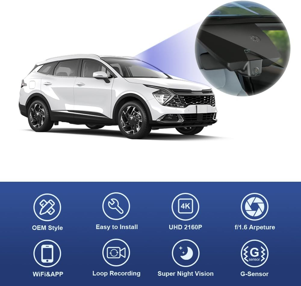 Fitcamx 4K Dash Cam Adapts for Kia Sportage 2022-2025 EX LX X-Line SX X-Pro Prestige (Right Hand Drive Car), OEM Look, 2160P UHD Video Wifi, Loop Recording G-Sensor, Plug & Play, 64GB Card