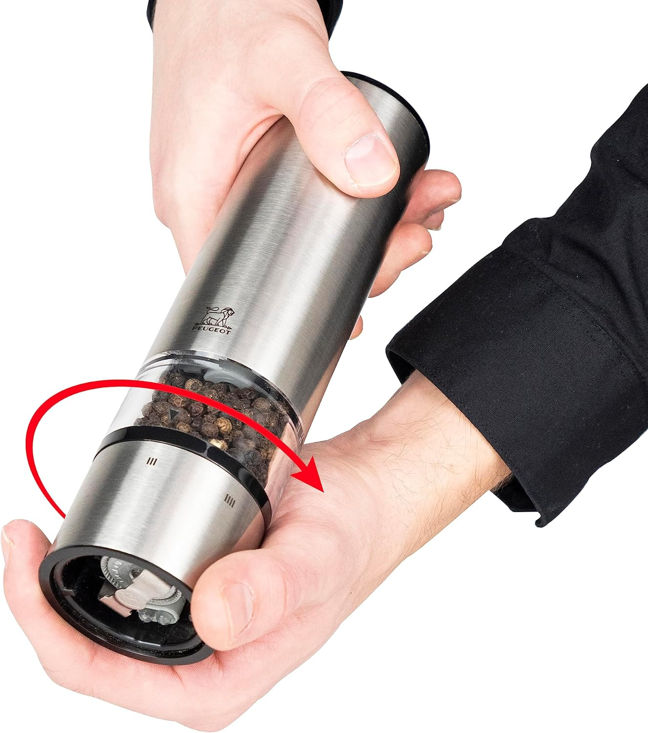 Peugeot Elis Sense Duo Electric Pepper and Salt Mill with Alpha Tray, Brushed Nickel, Large, 2/27162 image number 6