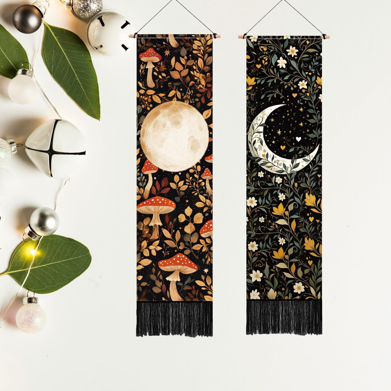 PLIGREAT 2 Pack Moon Tapestry Mushroom and Botanical Tapestry with Tassels Vertical Bohemian Wall Hanging Aesthetic Floral Wall Tapestries for Bedroom Living Room Dorm Room Narrow Home Decor