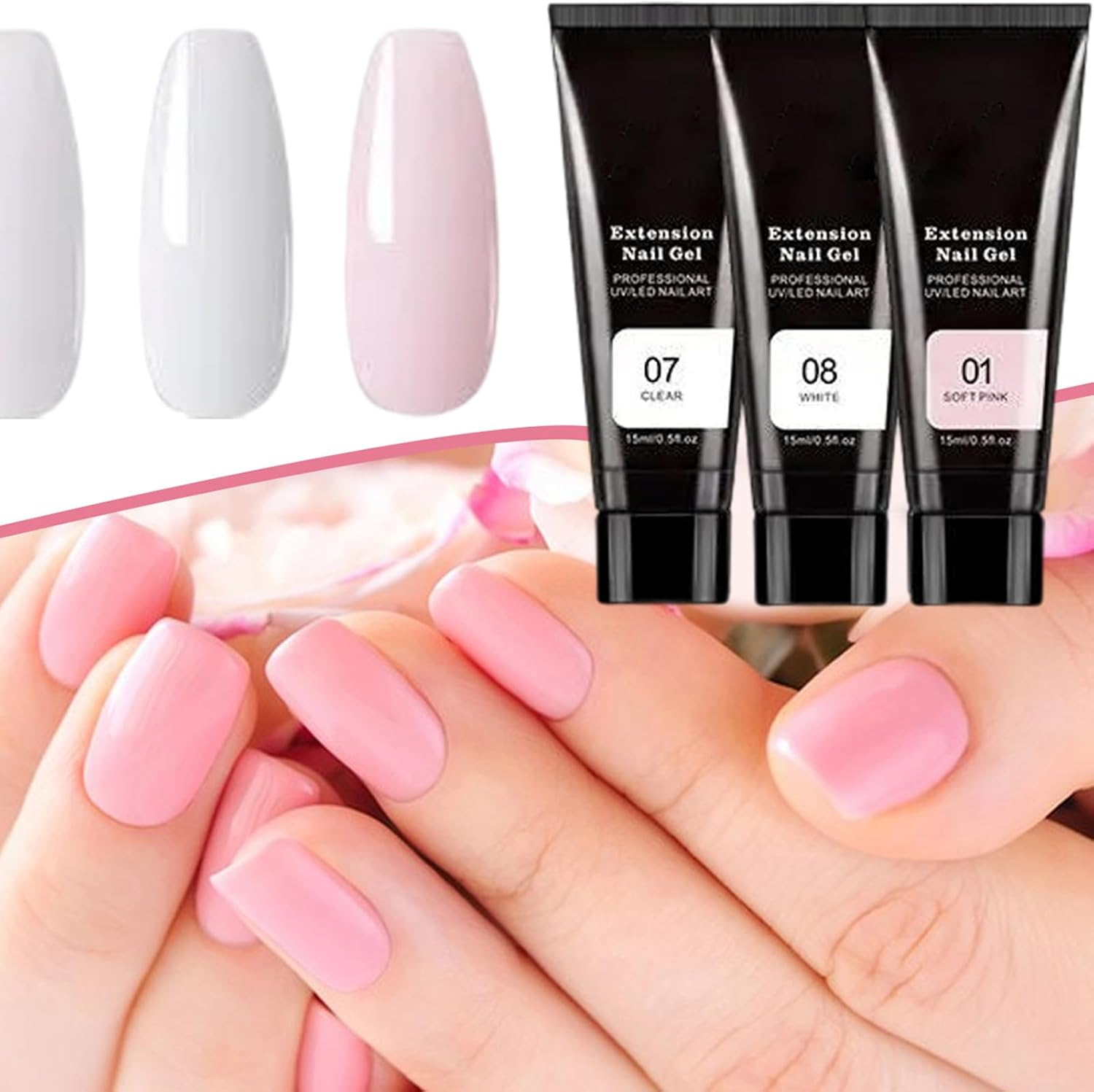 Poly Extension Gel Nail Kit,3 Colors Extension Nail Gel with Slip Solution and Lamp - Manicure Set for Home and Salon, Includes File and Clip image number 1