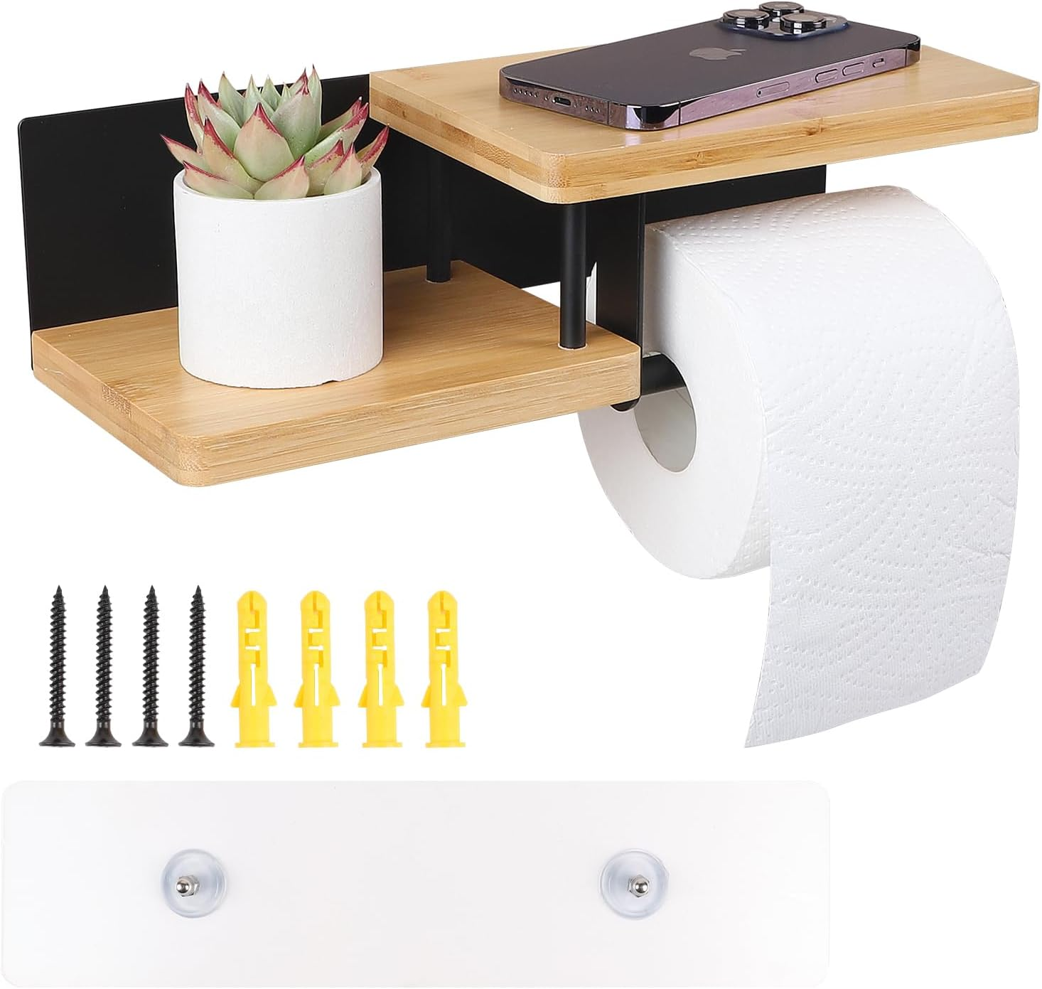 EFUTURETIME Toilet Paper Holder Wall Self-Adhesive with Shelf Bamboo 31.5 X 12.5 X 8.5 Cm Toilet Paper Holder Glue or Drilling Toilet Roll Holder Wood for Bathroom Kitchen Toilets White