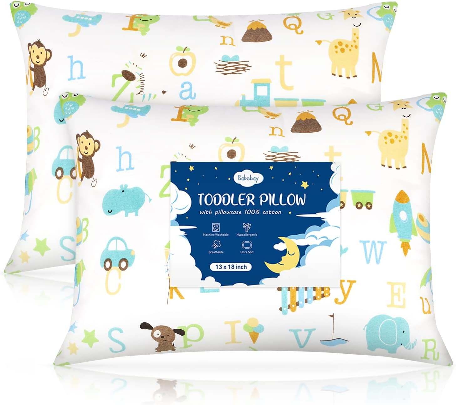 Babebay Toddler Pillow,13X18 Soft Toddler Pillows for Sleeping, Machine Washable Kids Pillow with Cotton Pillowcase, Perfect for Travel, Toddlers Cot