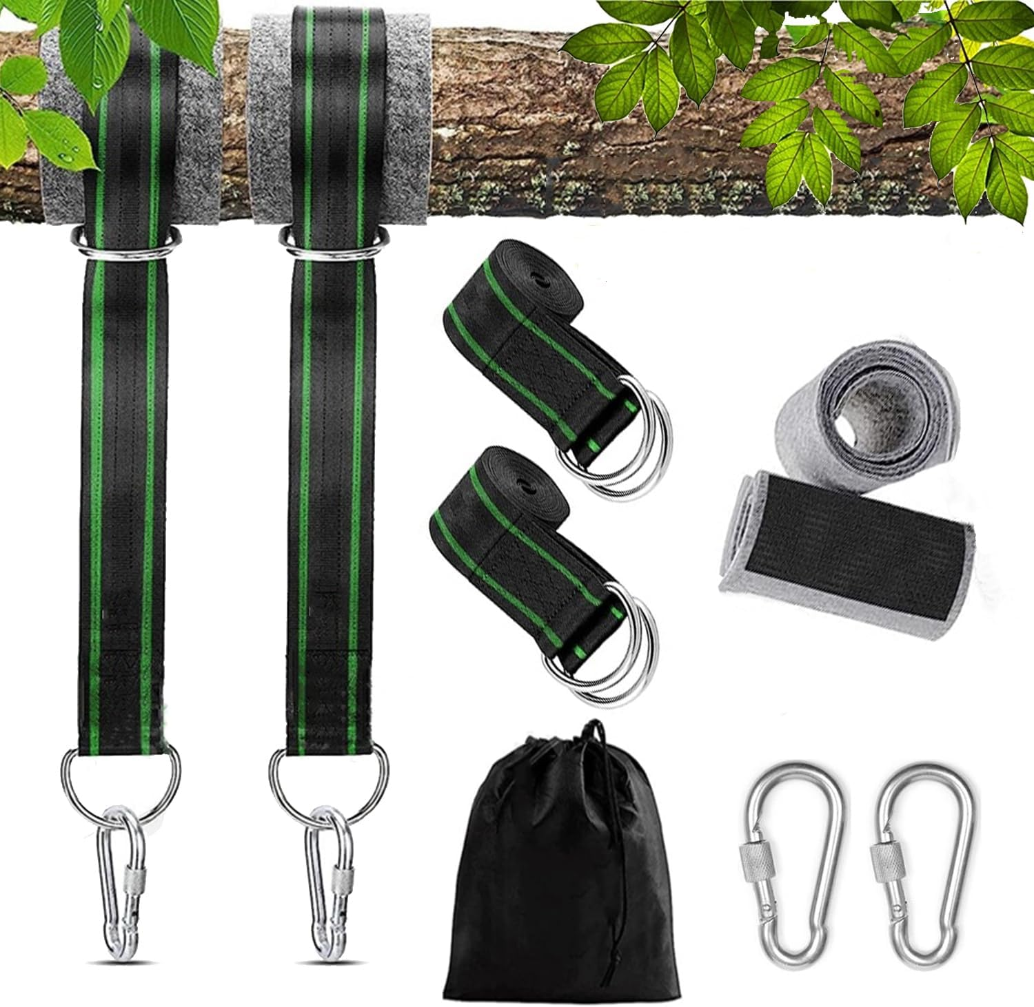 Taicols Tree Swing Hanging Straps, 2 Pcs 1.5M/5Ft Hammock Tree Straps Kit with 2 Sturdy Lock Carabiners & 2 Tree Protectors for Swings and Hammocks,Holds up to 1000Kg,Carry Pouch Bag for Hammocks image number 3