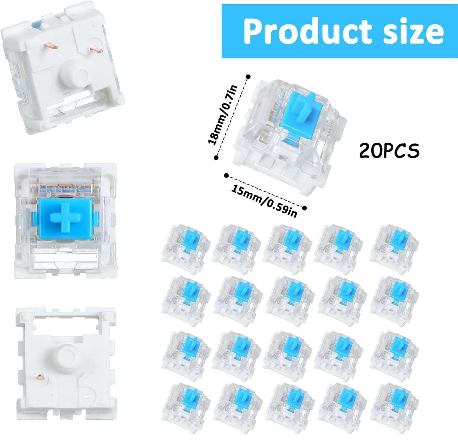 Mechanical Keyboard Switches 20-Pack - Blue Clicky 3-Pin Switches, Dustproof & Waterproof, Enhanced RGB Lighting for Keyboard Accessories for Mechanical Gaming Keyboards