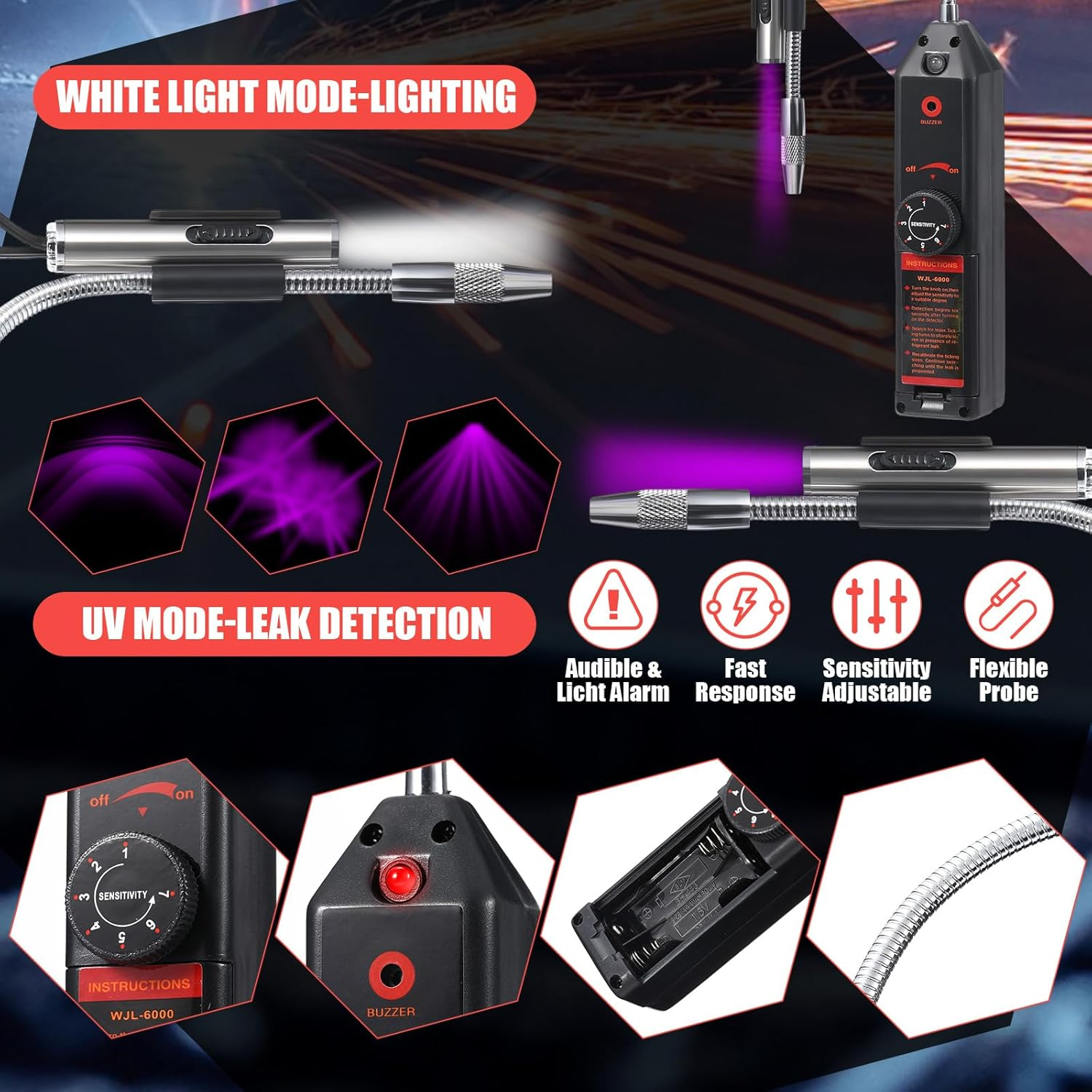 Glooglitter Auto Air Conditioner Leak Detector Tool WJL-6000 Refrigerant Leak Detector with UV Flashlight and Yellow UV Protective Glasses for HVAC Air Conditioner R22 R410A R134A (Large 28 LED) image number 5