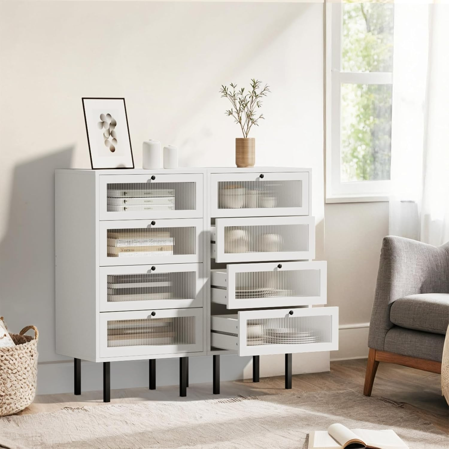 Oikiture Chest of Drawers Tempered-Glass Doors Display Cabinet with 4 Drawers - Black image number 5