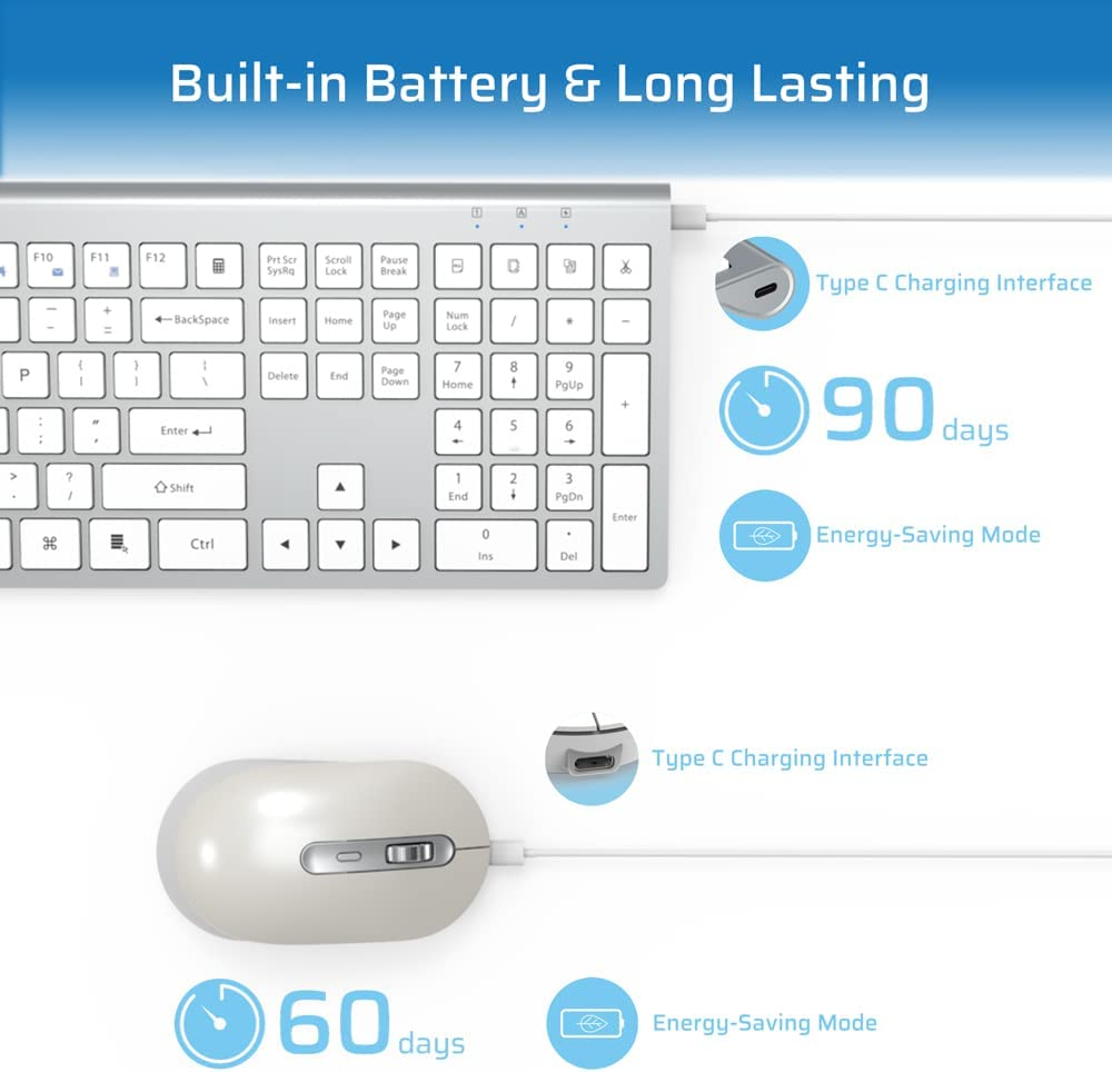 Wireless Keyboard and Mouse,Rechargeable Keyboard and Mouse 2.4G Mouse and Keyboard for MAC Windows White+Silver image number 5