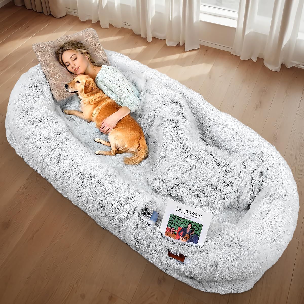 Anshine Human Dog Bed, 180X110X25 Cm Dog Bed for You and Pets, with Memory Foam, Plump Pillow, Blanket, Washable Faux Fur Dog Bed for People Doze Off, Napping Orthopedic Dog Bed - Grey image number 5