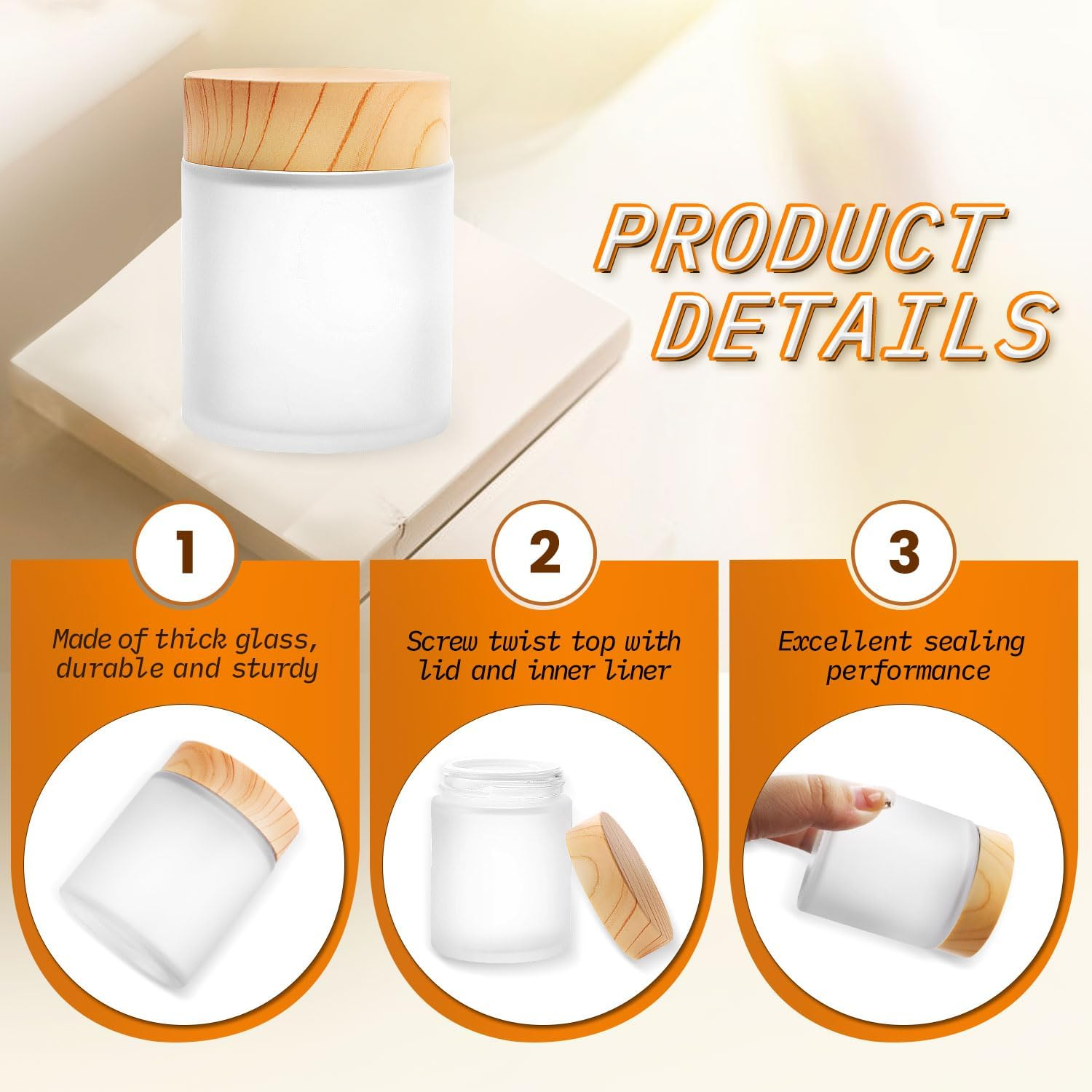 4 Pack 100G/3.4Oz Frosted Glass Cream Jars Refillable Cosmetic Containers Translucent Sample Jar Pot with Plastic Wood Grain Lids for Lotion Cream Eyeshadow Moisturiser Make Up