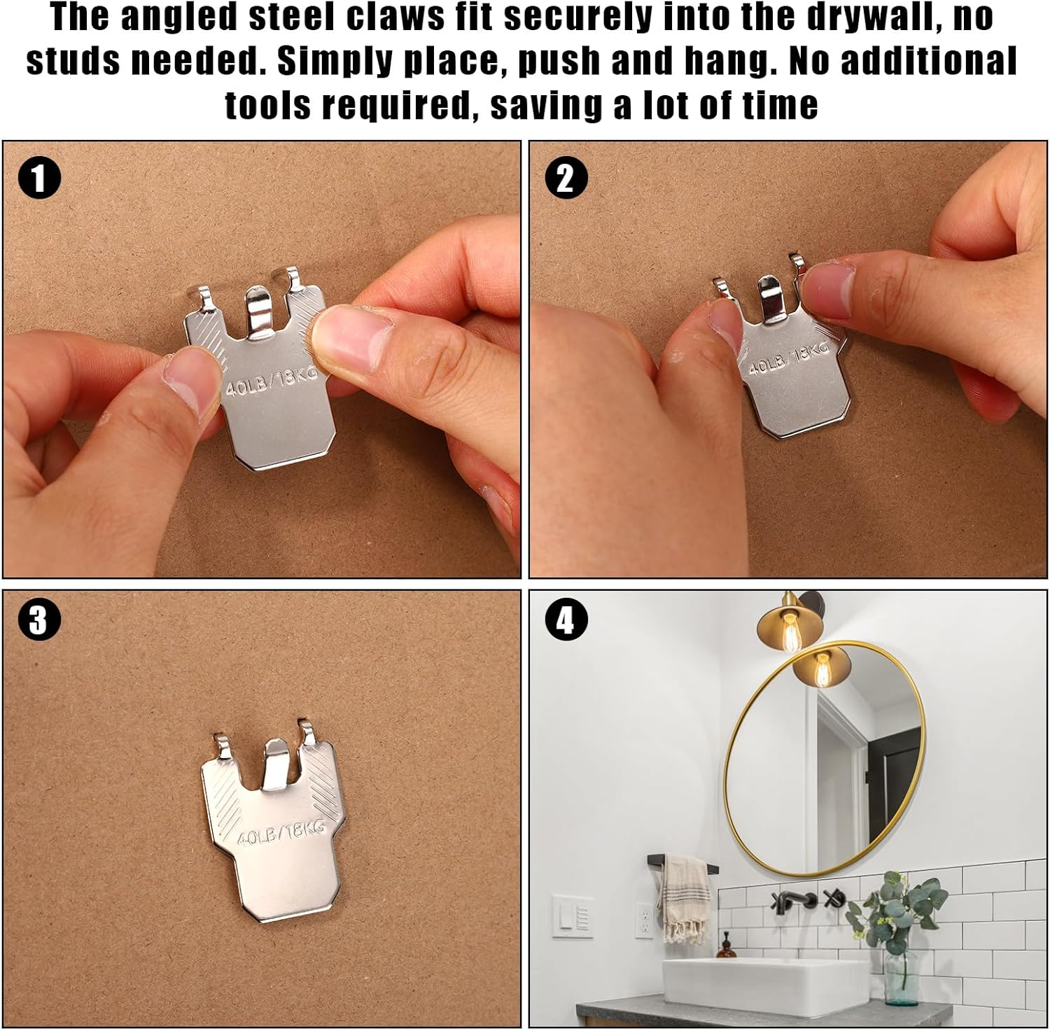 30Pcs Drywall Picture Hanging Claw, Stainless Steel No Nails Required Picture Hangers Claws Mirror Hooks Holds up to 40Lb for Photo Frame Mirror Artwork image number 2