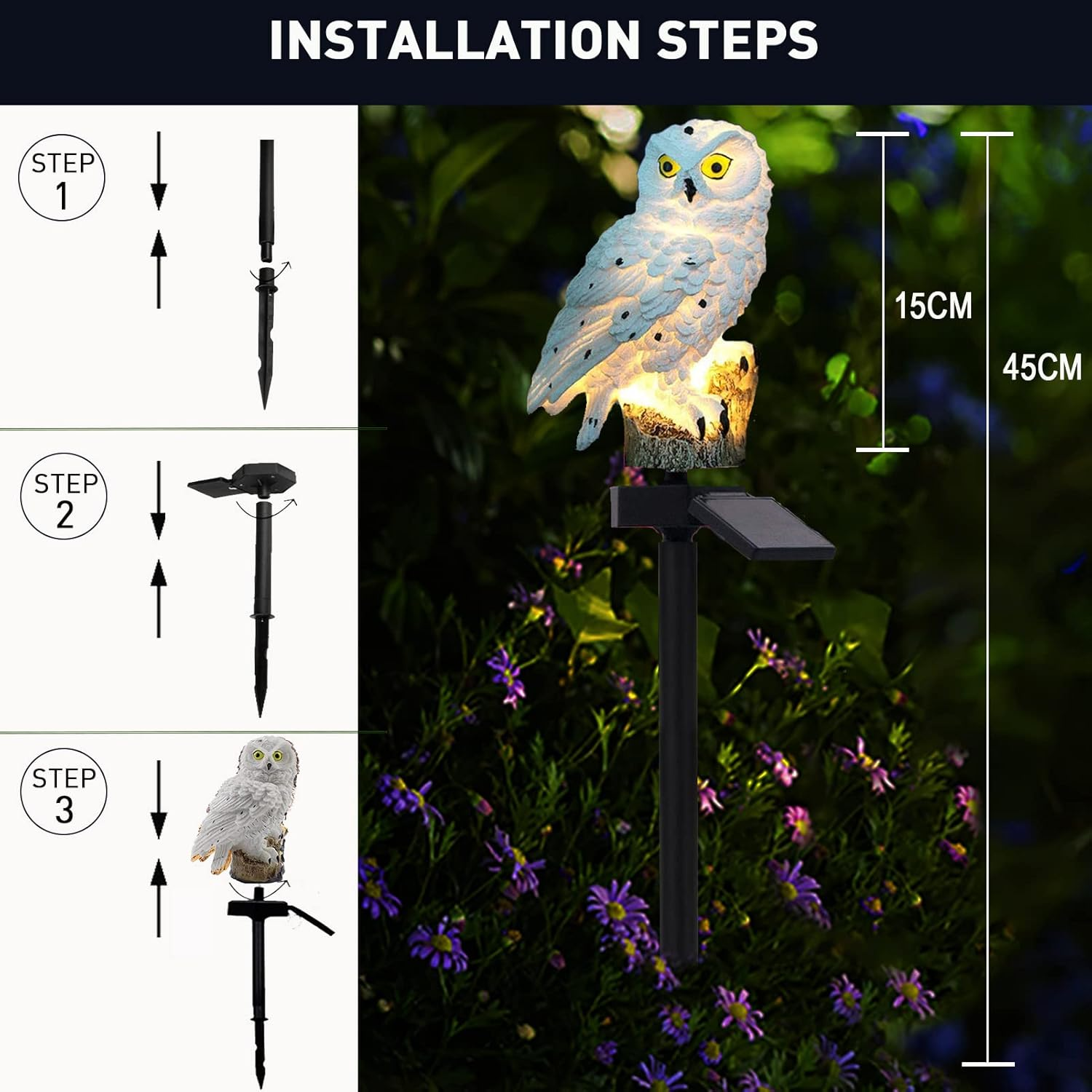 Yowin Owl Solar Garden Ornament, Owl Gift, Garden Sculptures & Statue, Waterproof Solar Animals for Outdoor Garden Yard Balcony Flowerbed Decorations - White - White image number 2
