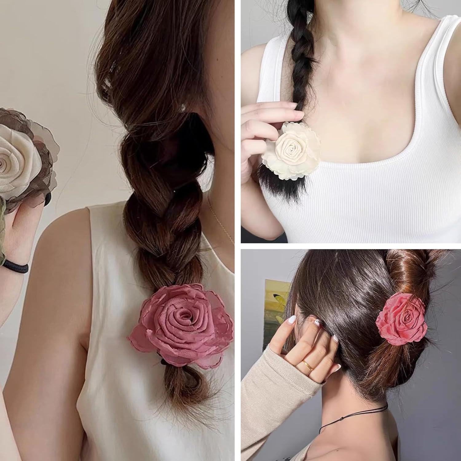 3PCS Handmade Rose Hair Ties Stretchy Floral Hair Bands Elastic Ponytail Holders for Women Girls Soft Scrunchies Hair Accessories 3 Colors image number 6