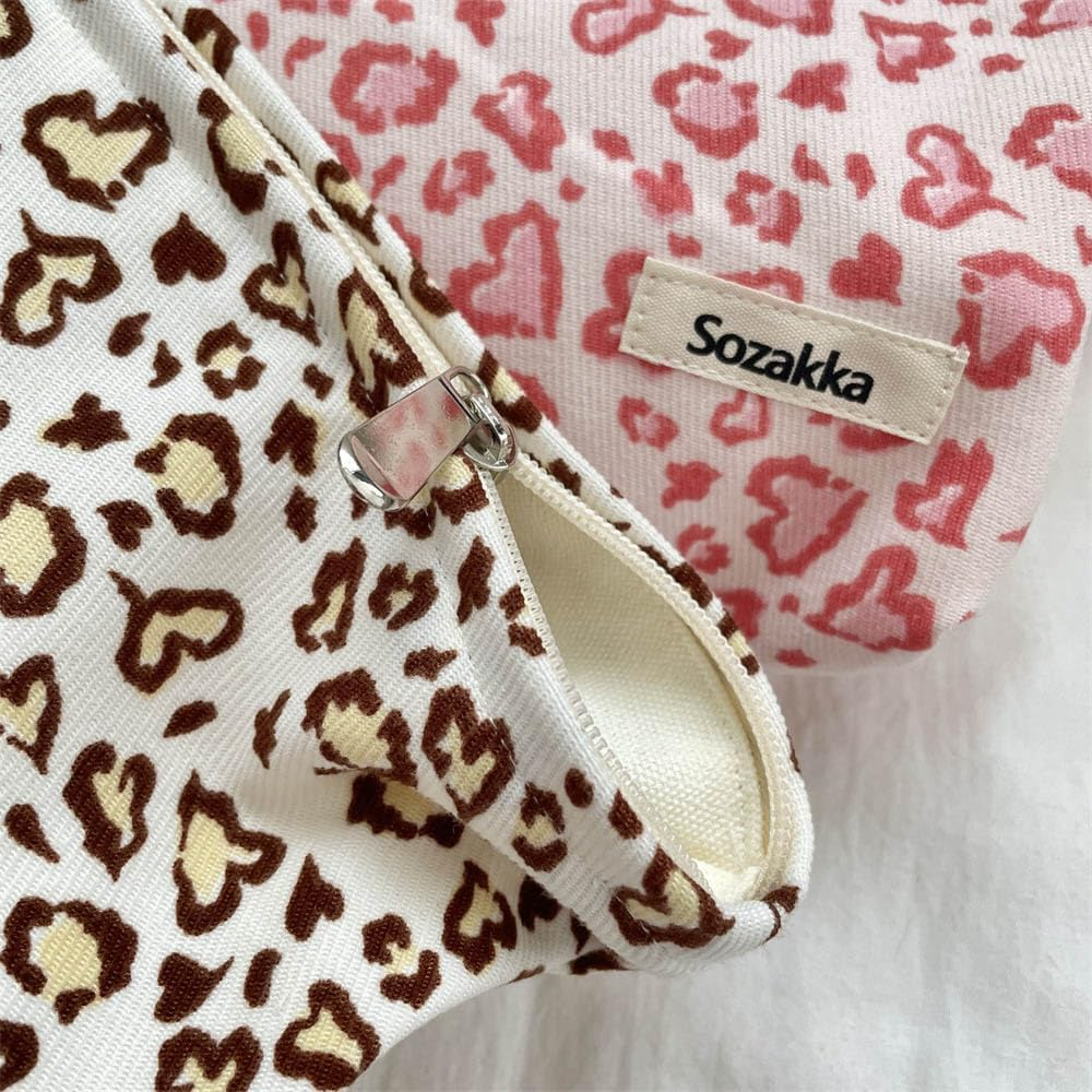 Tcdwla Cosmetic Bag, Pack of 2 Make-Up Bag, Toiletry Bag, Corduroy Small Women, Pencil Pouch, Aesthetic School Stuff for School, Travel, Business, Shopping, Hiking, Beige 1, Leopard Tattoo image number 3