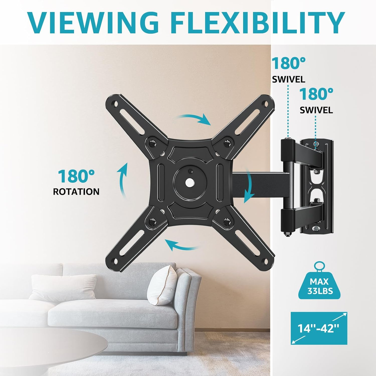 MOUNTUP Full Motion TV Monitor Wall Mount for Most 14-42 Inch LED LCD Flat Screen Tvs & Monitors, Swivels Tilts Extension Rotation, TV Bracket Max VESA 200X200Mm, up to 33 Lbs.