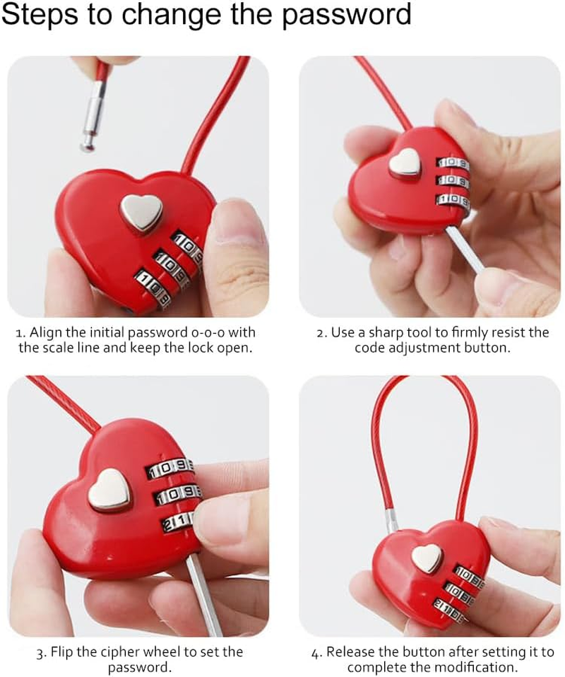 Maizoon 6 Pack Love Heart Combination Lock 3 Digit Waterproof Padlock with 400MM/15.75IN Steel Wire Resettable Code Combo Suitable for Luggage Motorcycle Helmet Backpack School Locker