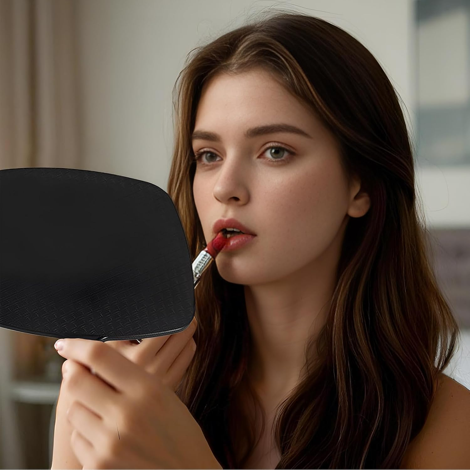 Handheld Mirror 26.2 X 18.8Cm Black with Handle Square Makeup Portable Handheld Mirror for Makeup Hairdressing Suitable for Barber Shop Hairdressing Home image number 3