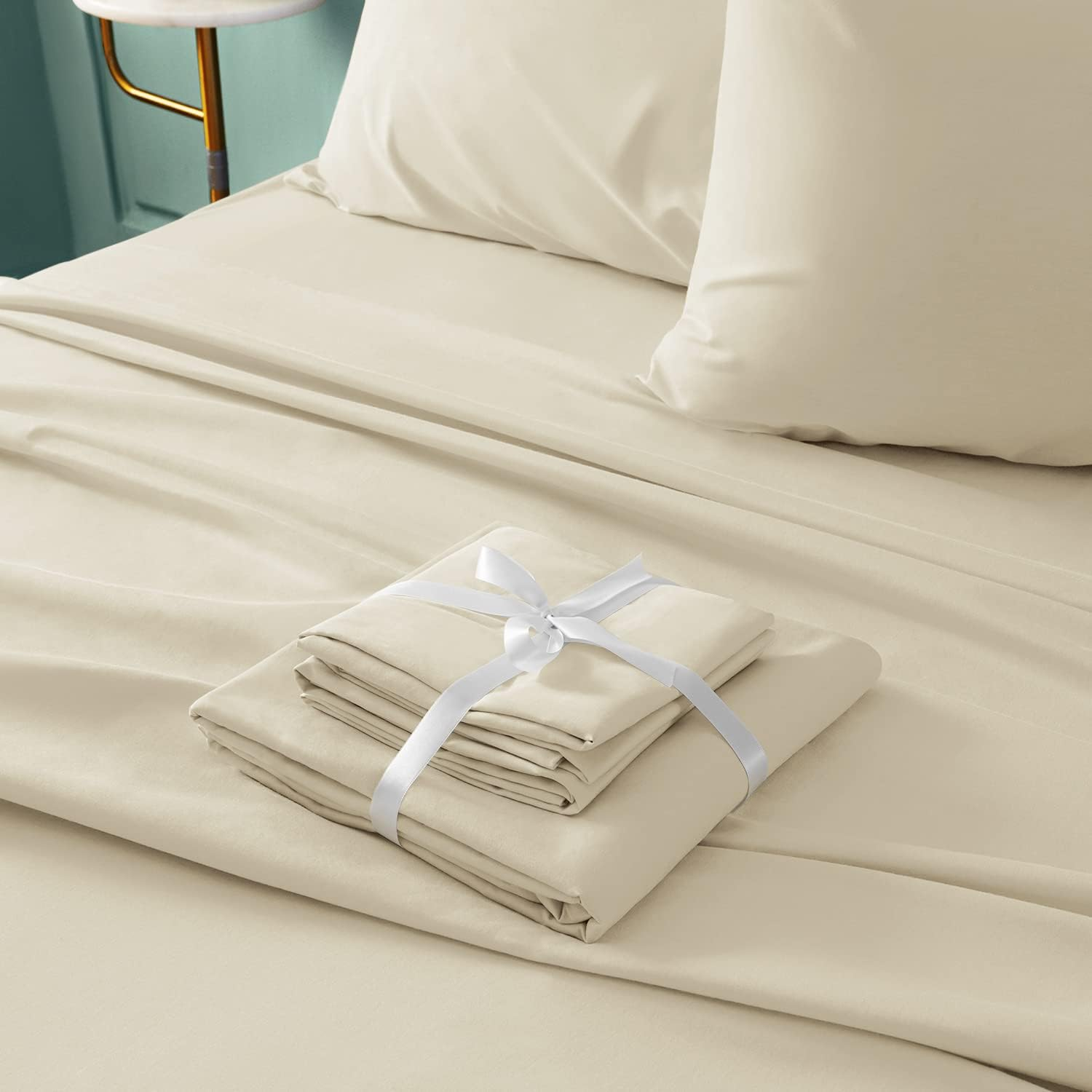 BYSURE 6 Pieces Bed Sheets Set(Queen, Cream/Beige) - Hotel Luxury Super Soft 1800 Thread Count 100% Microfiber Sheets with Deep Pockets, Wrinkle & Fade Resistant image number 3