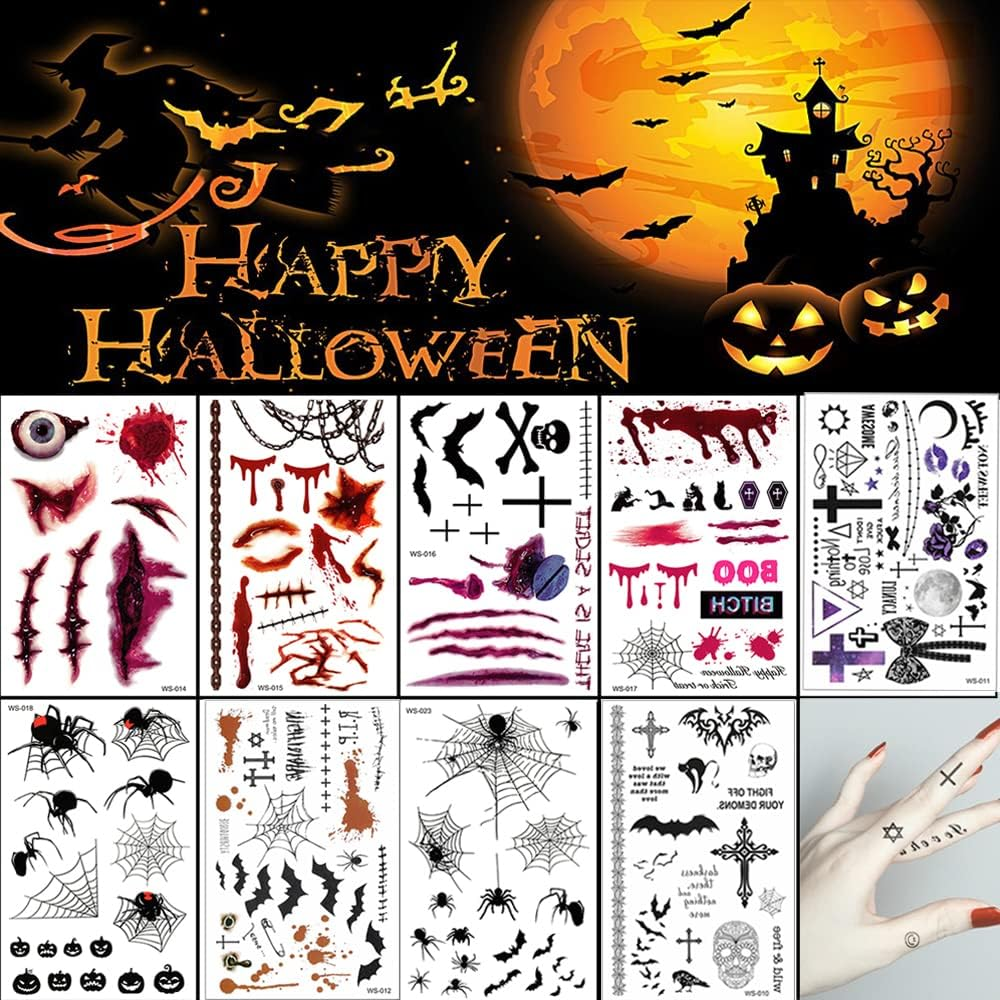 Halloween Tattoos Day of the Dead Temporary Tattoos Face Fake Stickers for Halloween Party Decoration 9Sheet Spider Scar Skull Body Makeup Decals