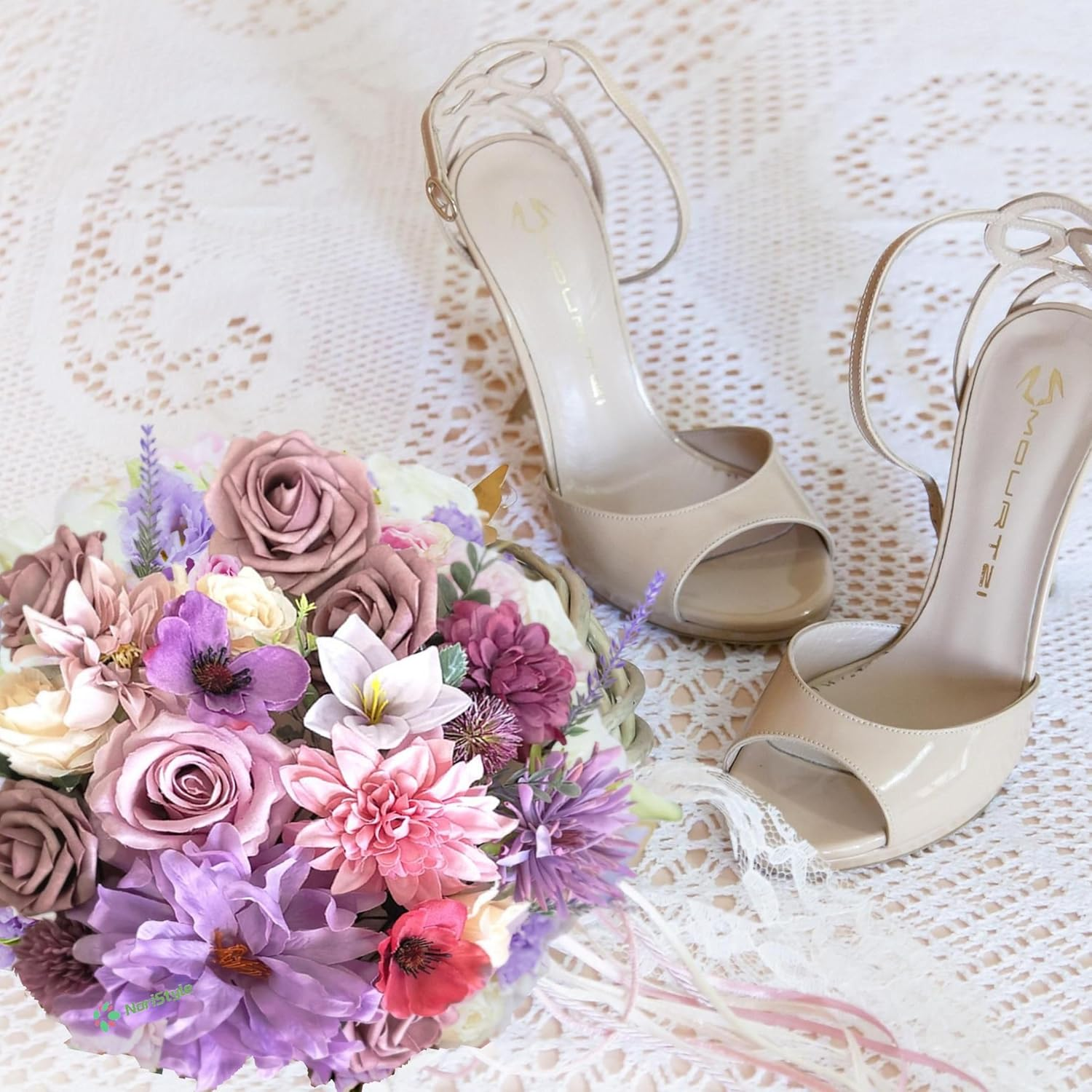 Artificial Silk Purple Champagne Rose Flowers Box for Wedding Decorations, Real Touch Peony and Fake Rose Bouquets with Stems for Wedding Cake Topper Party Bridal Bouquets Indoor Outdoor Decorations