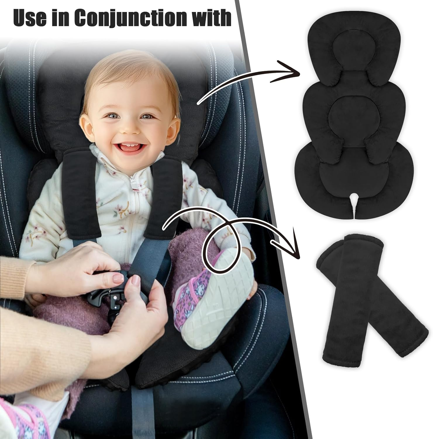 GFU Infant Car Seat Insert Head and Body Support, Reversible Newborn Insert for Carseat with Strap Pads, Soft Stroller Cushion Pillow Insert for Stroller, Swing, Black image number 4