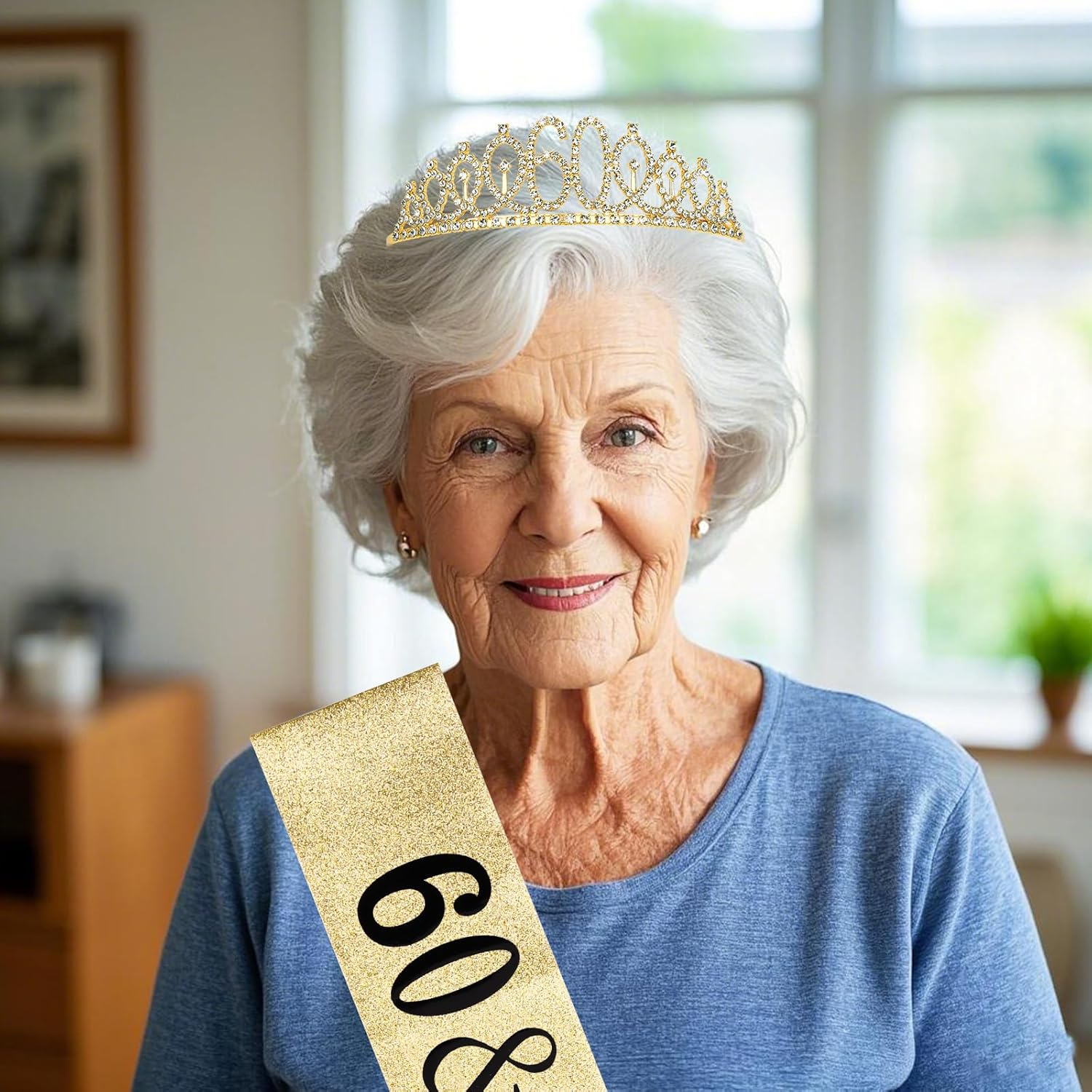 KIUEZIR Golden 60Th Birthday Tiara & Sash Set - Rhinestone Alloy 60Th Crown with Comb & Glitter Ribbon "60 & Fabulous" for Mom'S & Grandma'S Birthday Parties, Anniversaries and Photoshoots image number 1
