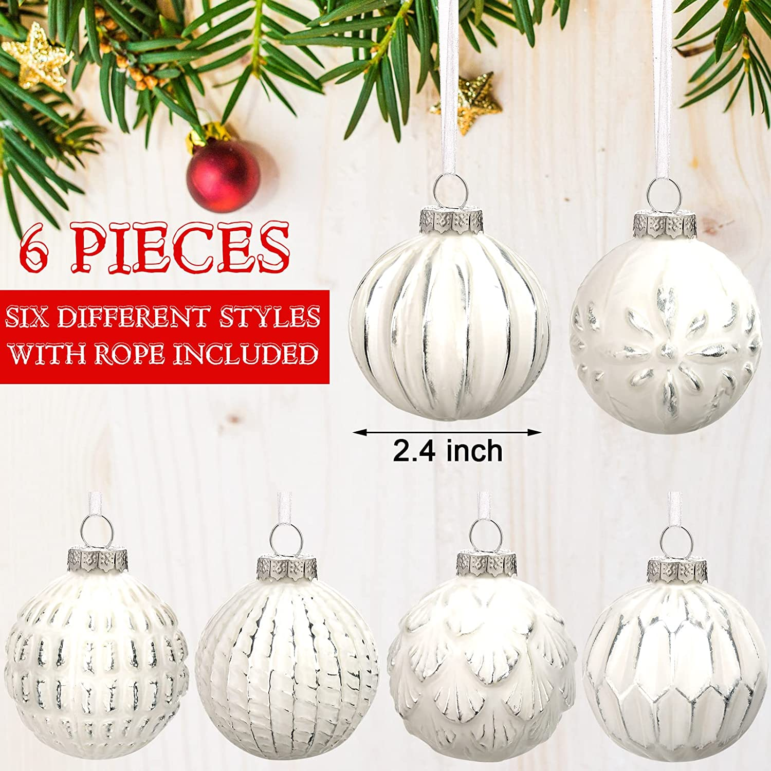 Kathfly 6 Pcs Farmhouse Ball Ornaments Distressed Metal Glass Ball Vintage Style Christmas Balls Retro Glass Ornaments for Christmas Tree (White) - White image number 3