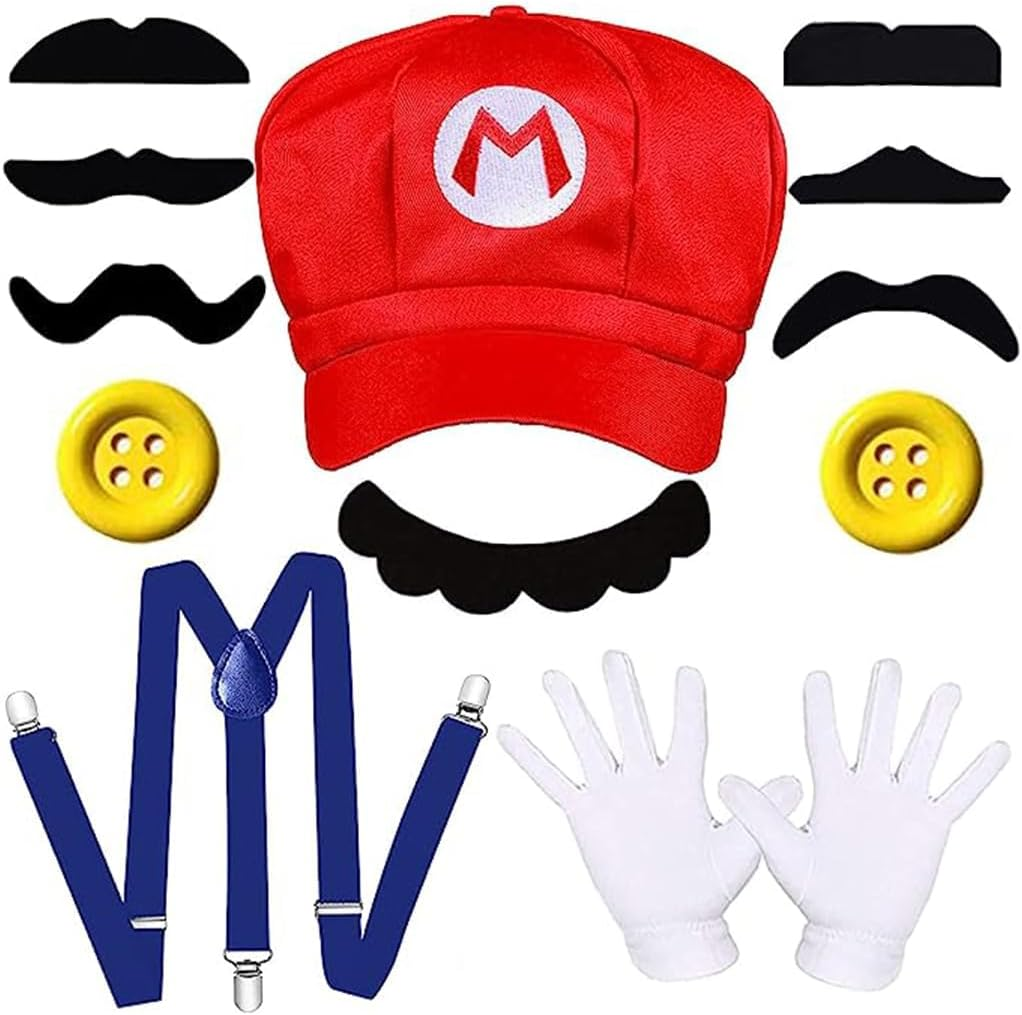 Super Brothers Costume Adult Accessories Set with Cosplay Hat,Gloves,Buttons,Strap,Beard,For Halloween Cosplay