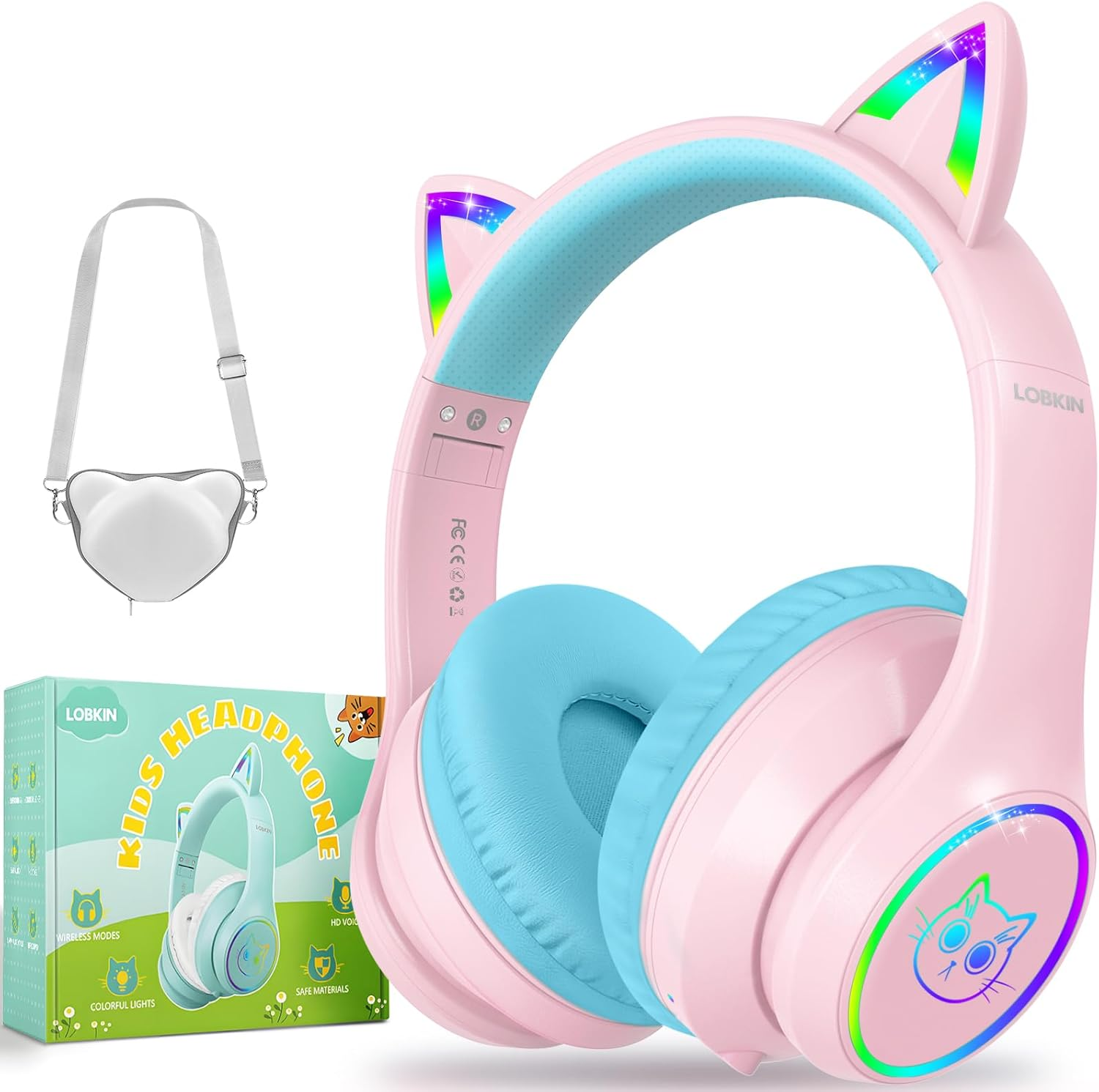 LOBKIN Bluetooth 5.4 Kids Headphones with Case - RGB LED Light up Cat Ears Foldable Adjustable On-Ear Headset Support Wireless or 3.5Mm Wired Mode for Toddler & Girls & Boys Teens (Purple)