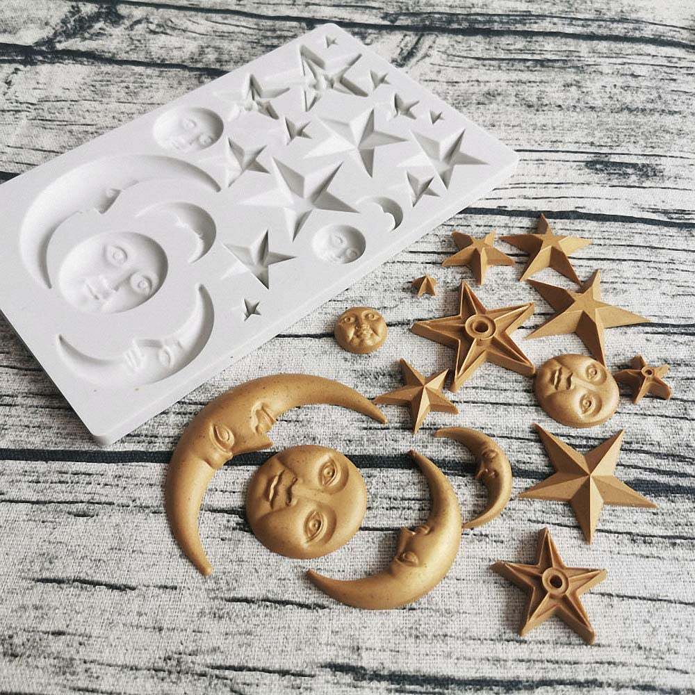 Sun, Moon & Stars Cake Fondant Molds, Sun Face Crescent Moon Silicone Sugar Craft Gum Paste Chocolate Candy Mold Polymer Clay Resin Epoxy Mold Twinkle Twinkle Little Star Cupcake Decorations image number 1
