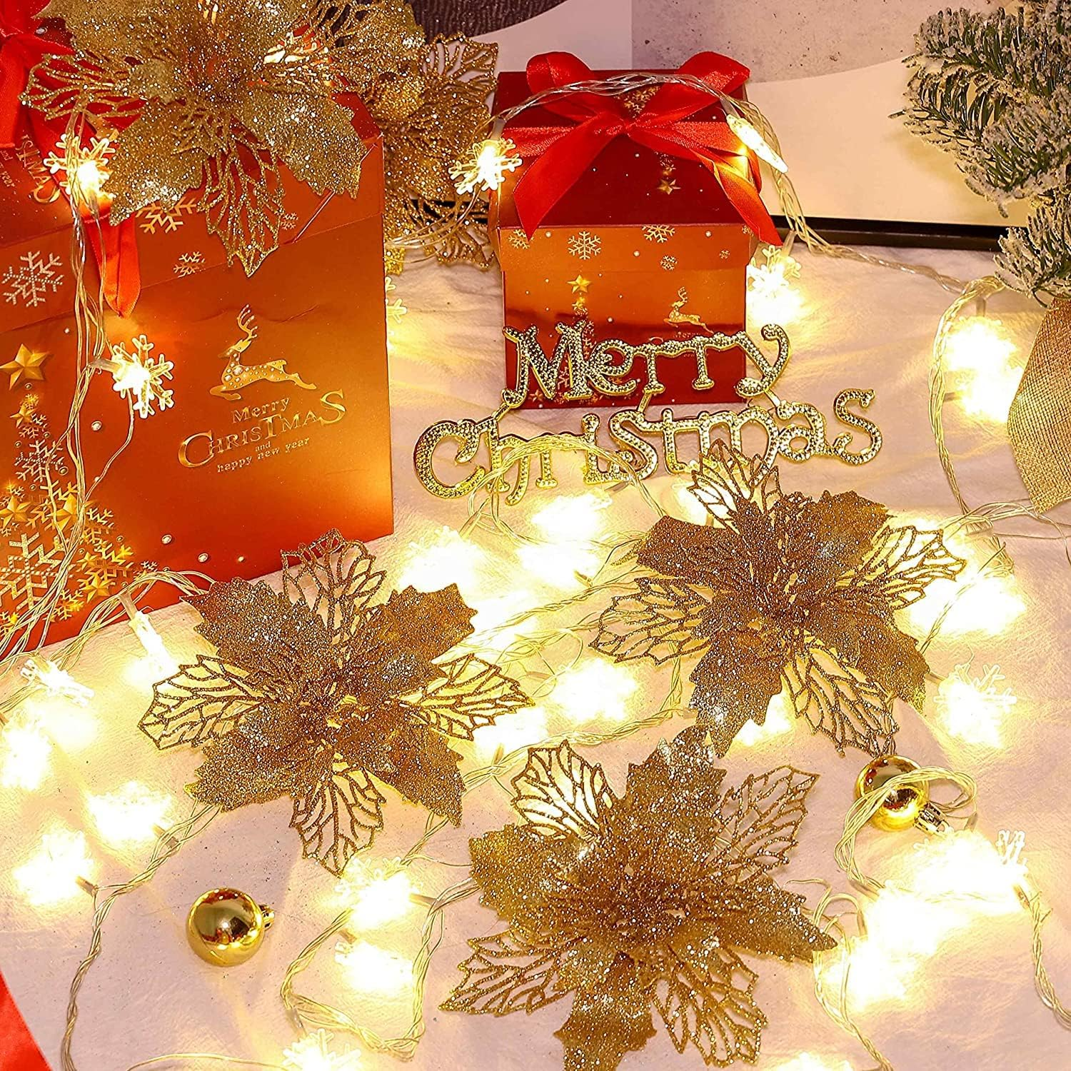 Christmas Tree Decorations,10Pcs 14Cm / 5.5In Gold Poinsettia Artificial Christmas Flowers with Clips and Stems Glitter Christmas Tree Ornaments for Xmas Wedding Party Wreath Decorate image number 3