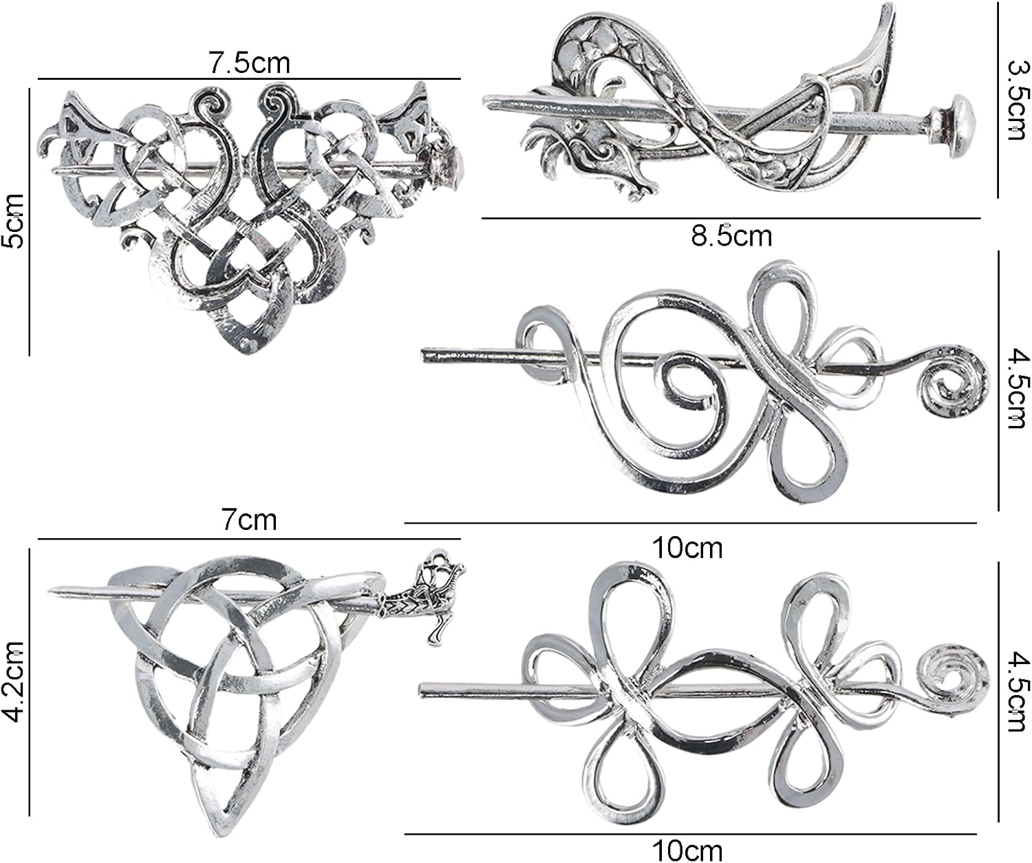 Amexo Pack of 5 Celtic Viking Hair Clips, Vintage Hair Clip Hair Pins Minimalist Metal Knot Hair Stick Knot Hair Clip Retro Hair Accessories for Girls Women (Silver) image number 4