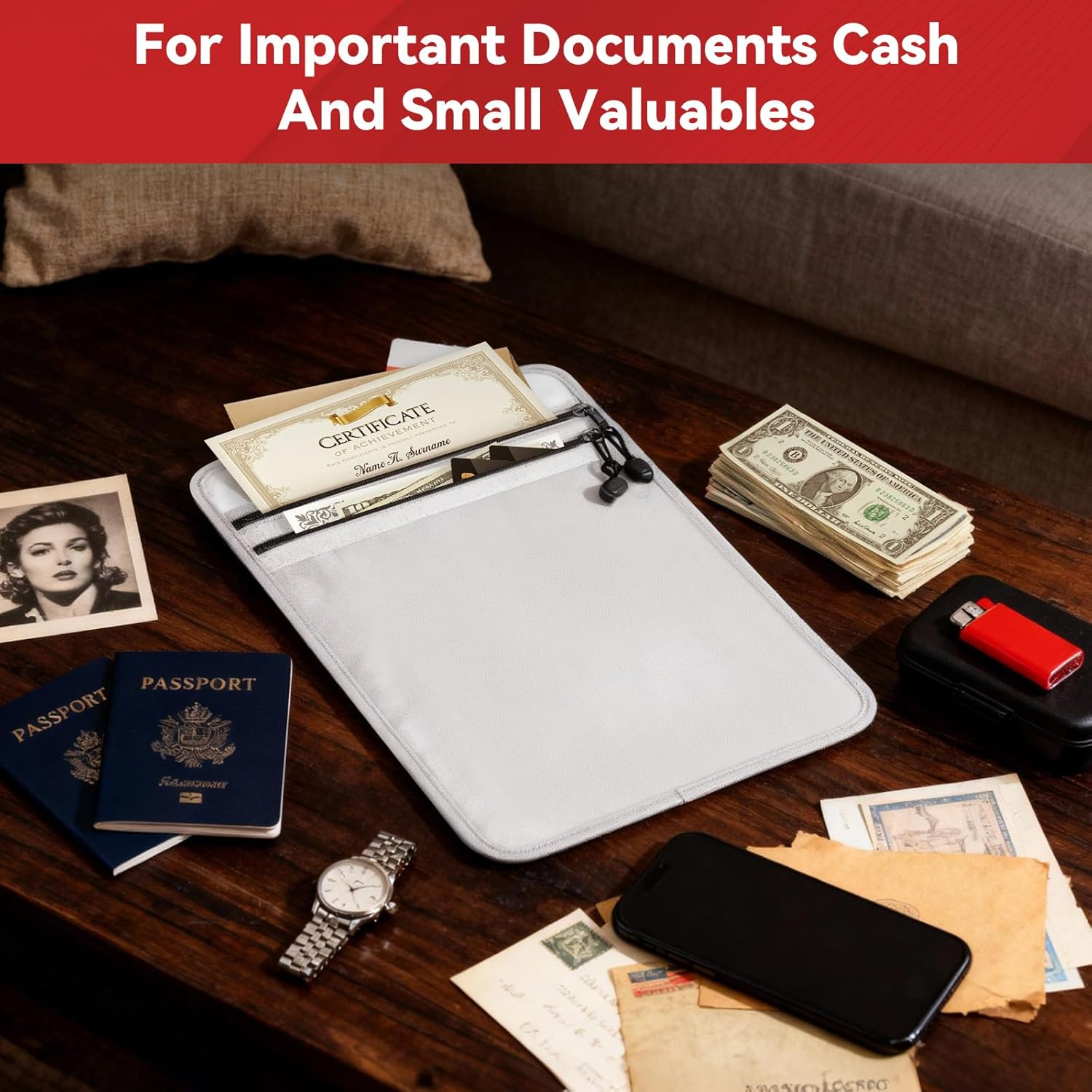 Upgraded Two Pockets Fireproof Document Bag - Kanhiro Water and Fire Proof Bag for Documents, 2192℉ Fireproof Money Bag with Zipper, Important Document Organizer for Passport, Cash, Legal File Safe image number 6