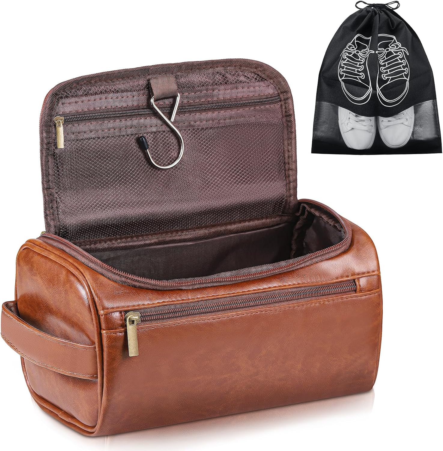 Zocipro Leather Toiletry Bag for Men, PU Artificial Leather Wash Bag for Travel, Gym & Shaving, Dry & Wet Separation with 3 Compartments - Perfect Men'S Hanging Washbag with Shoe Bag image number 2
