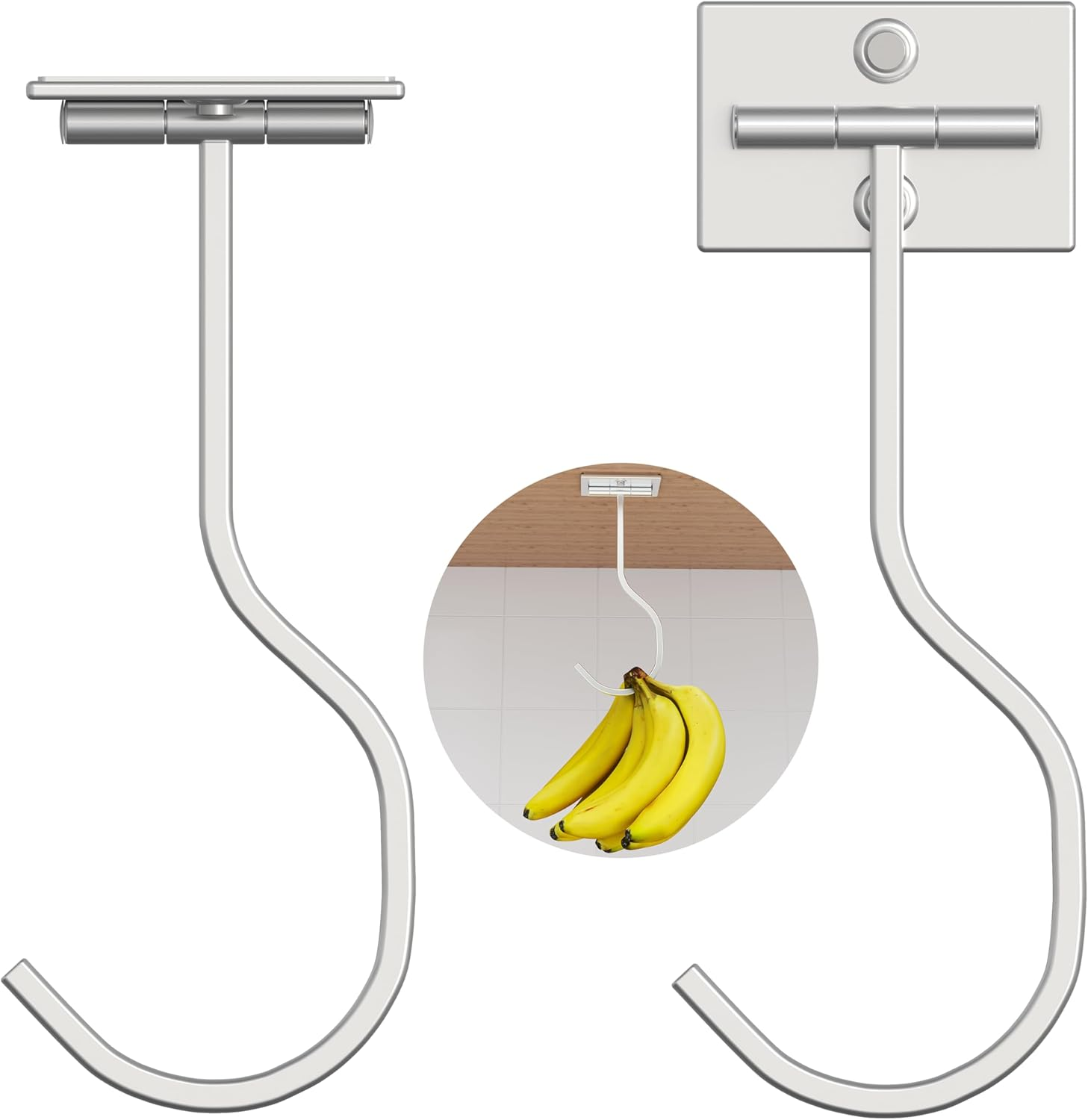 2-Pack Self Adhesive Banana Hook, Metal Banana Hanger Hook,Under Cabinet Hook for Bananas or Kitchen Items, Foldable Banana Hook, Folds up with Magnets When Not in Use, Keep Bananas Fresh, Silver